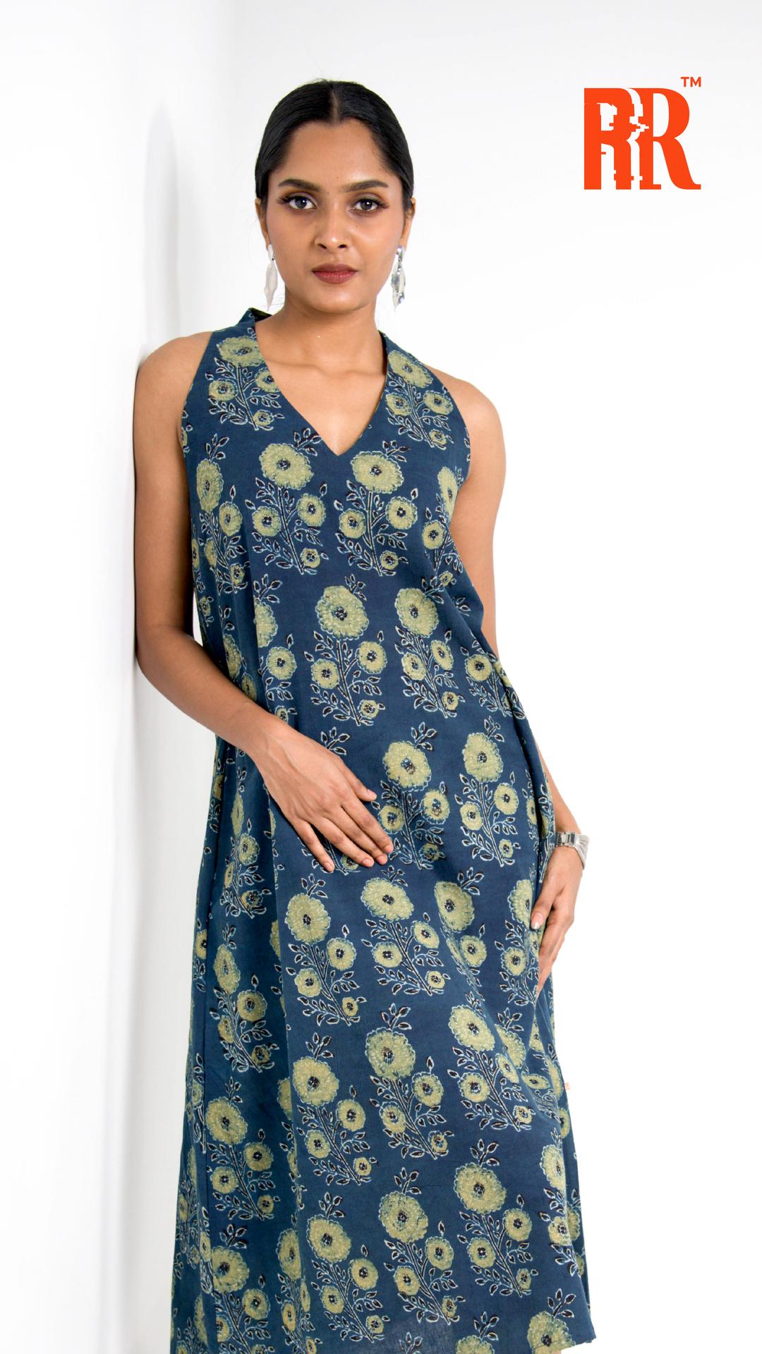 Ocean Blue Ajrakh Floral Print Dress image 2