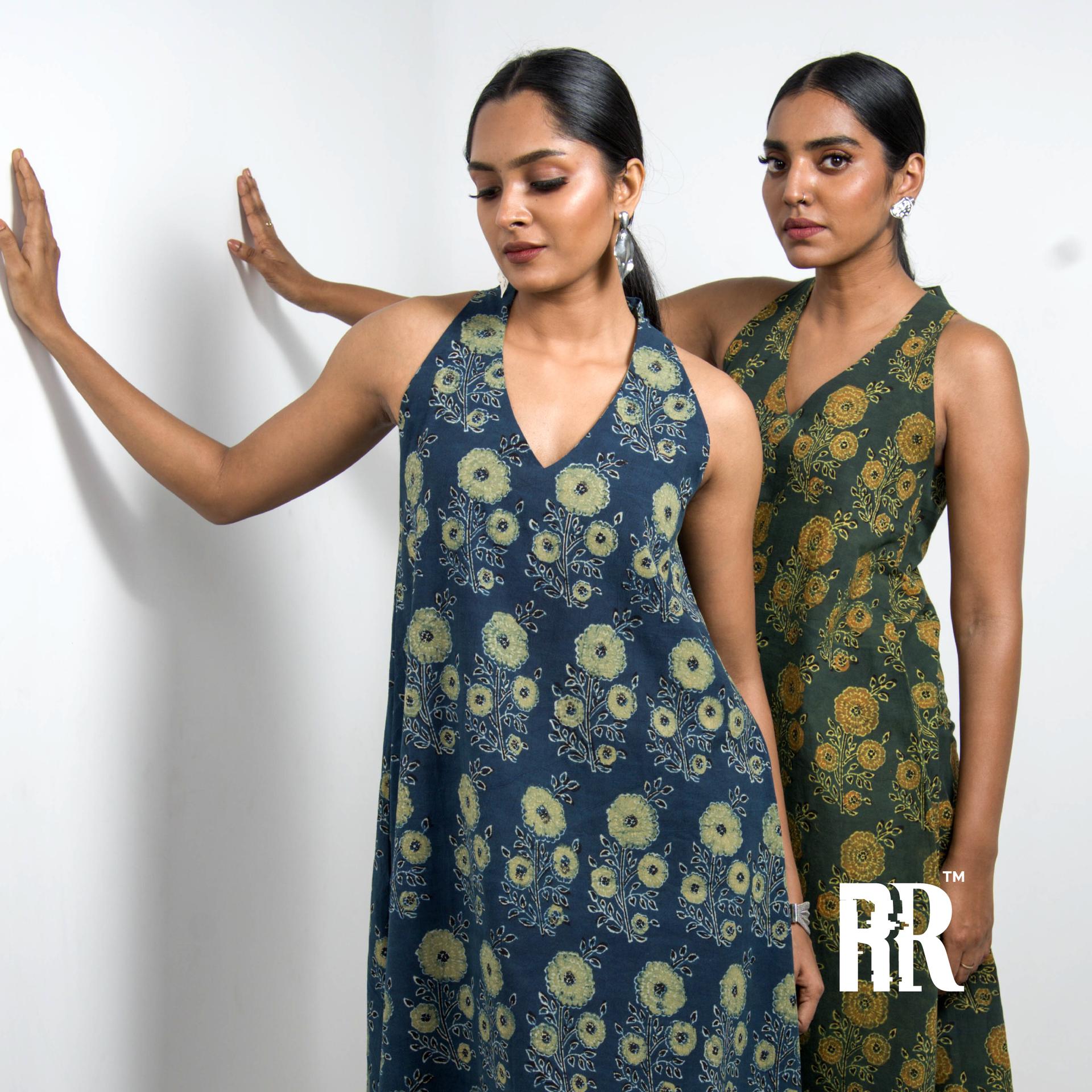 Ocean Blue Ajrakh Floral Print Dress image 3