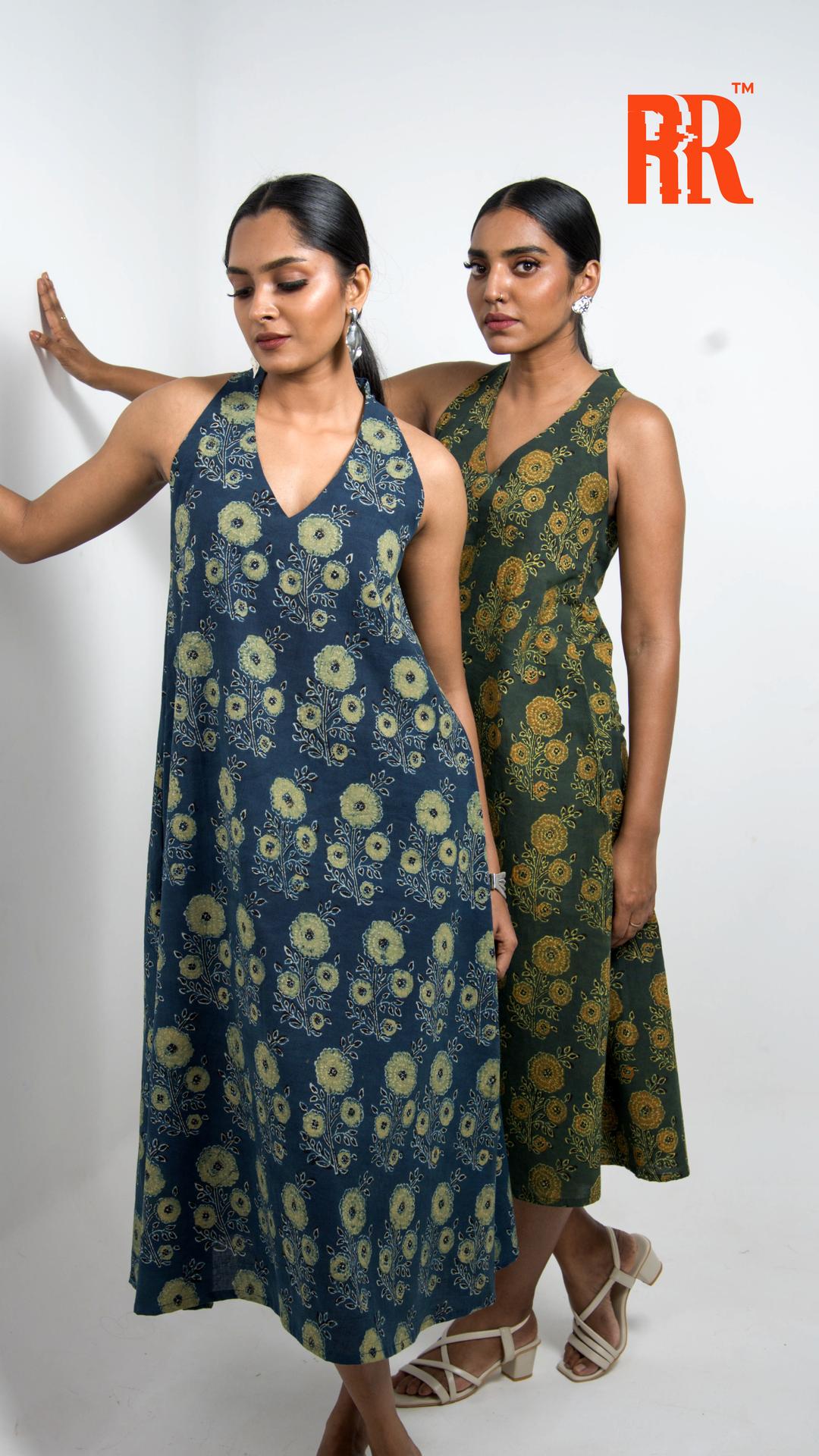 Ocean Blue Ajrakh Floral Print Dress image 4