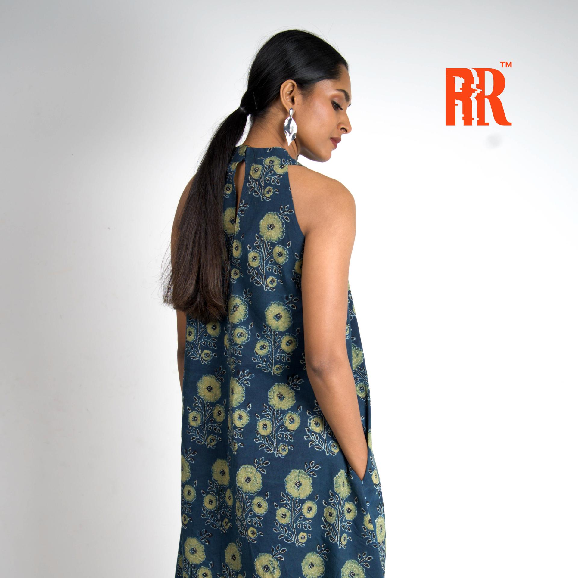 Ocean Blue Ajrakh Floral Print Dress image 5