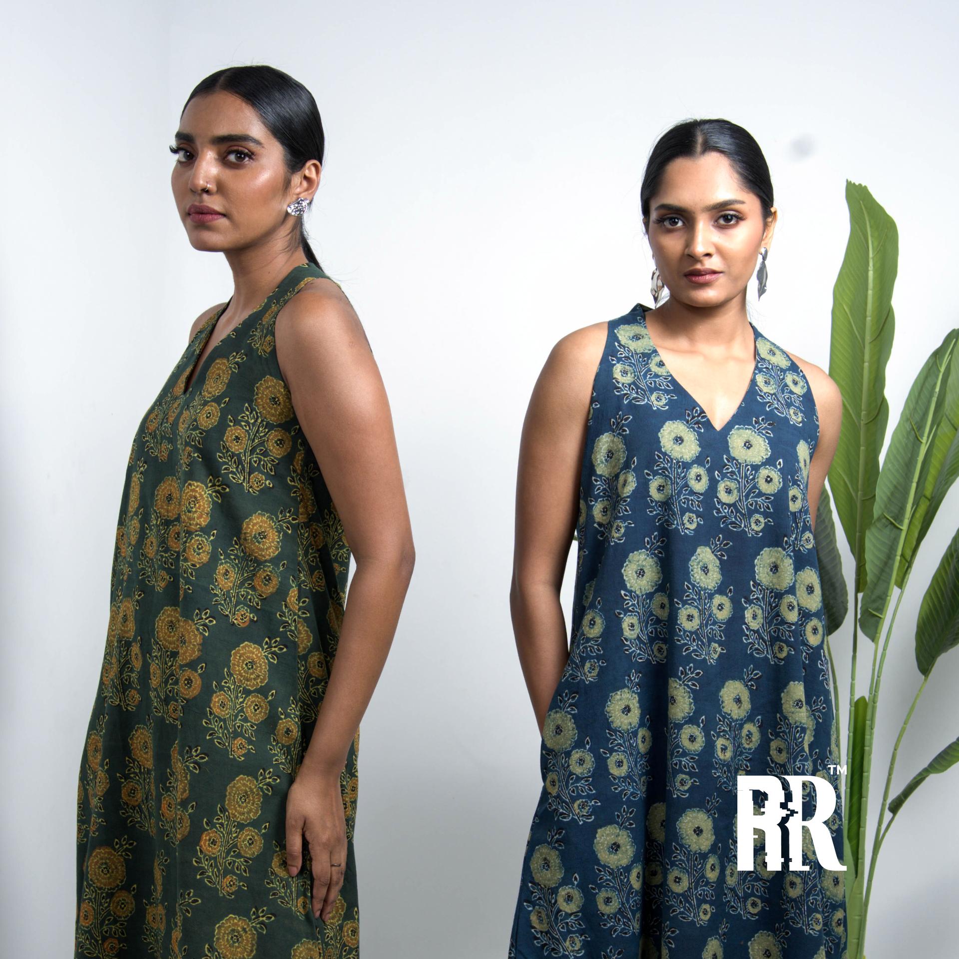 Ocean Blue Ajrakh Floral Print Dress image 6