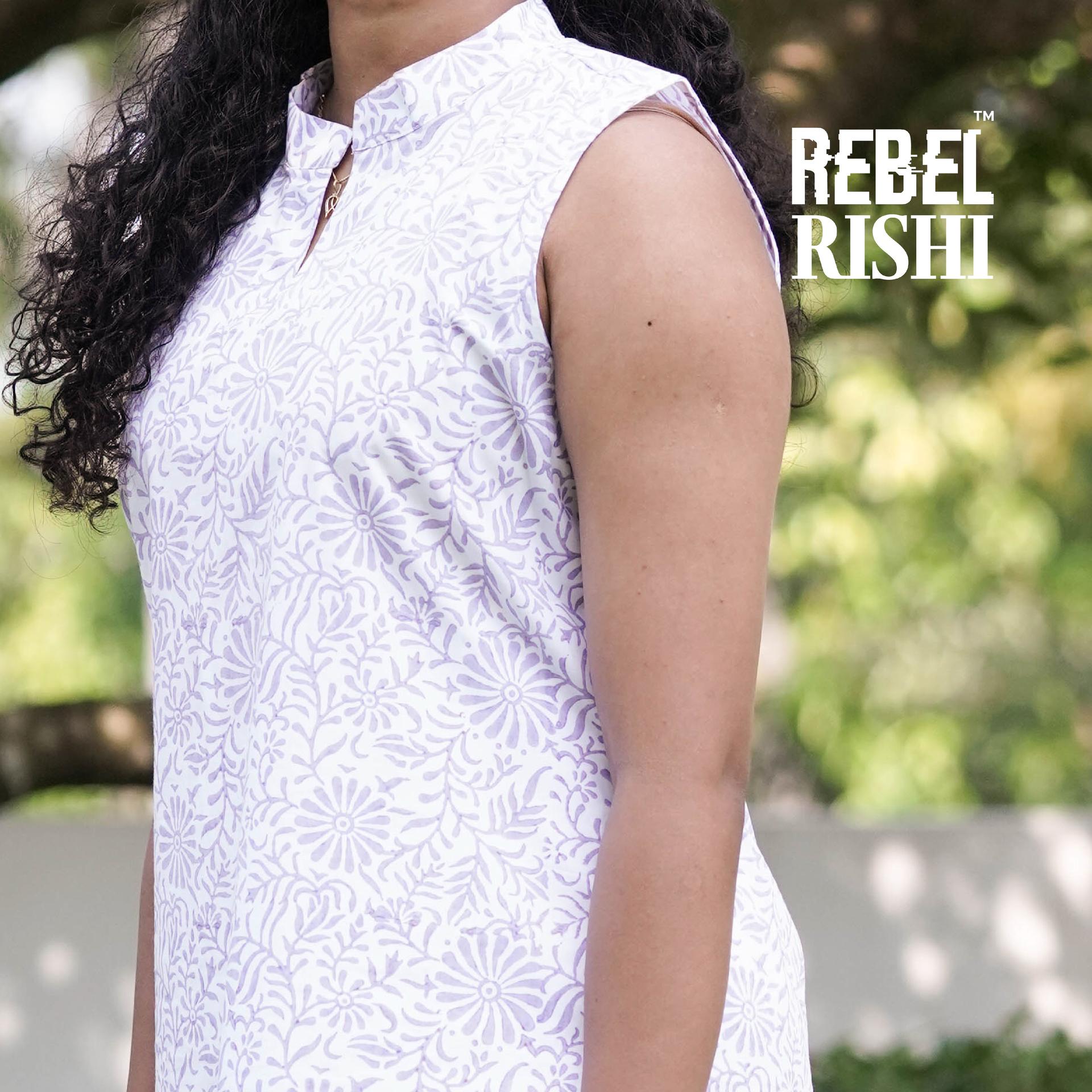 Lavender Floral Hand-block Sleeveless Kurta image 2