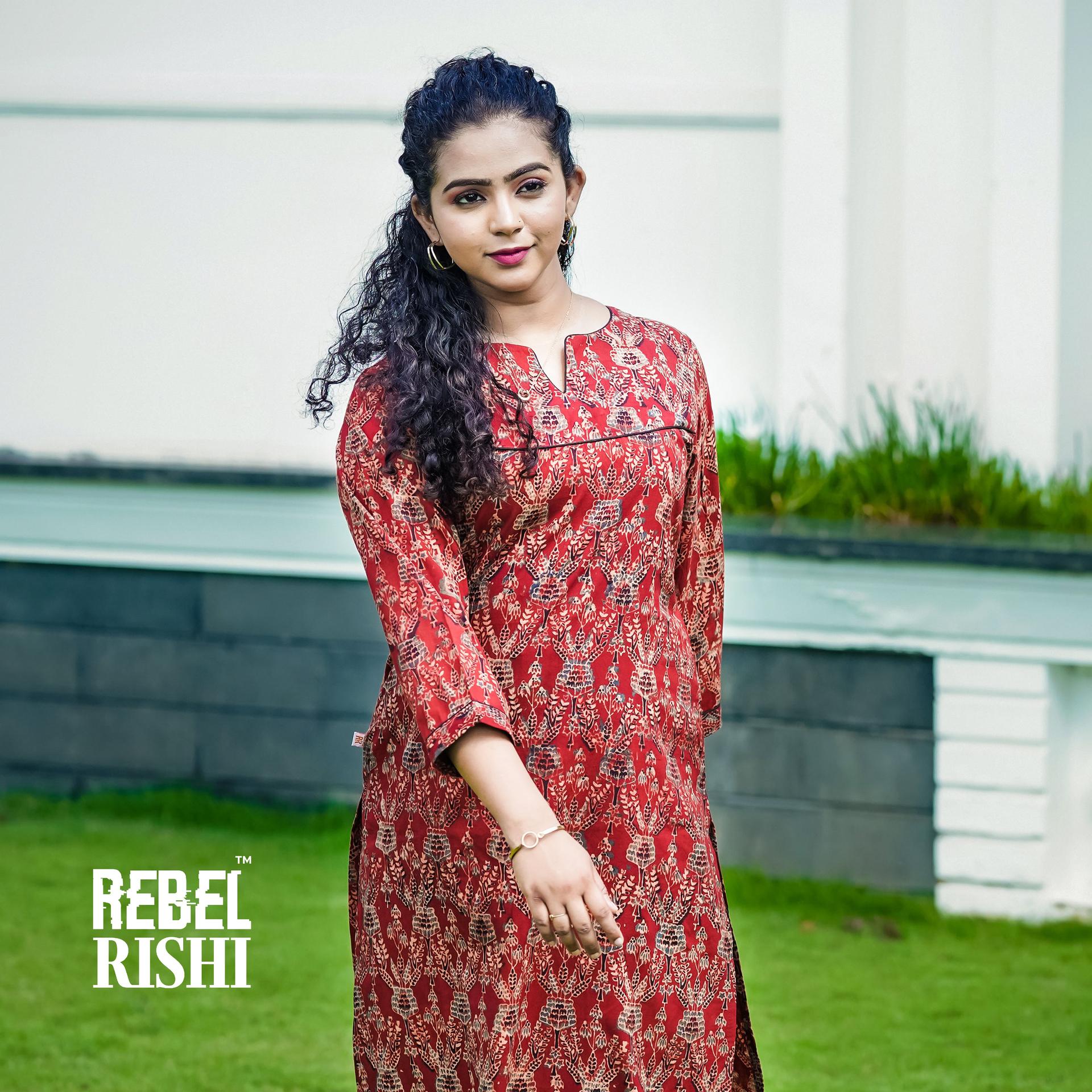 Ajrakh Print Kurta In Brick Red Color