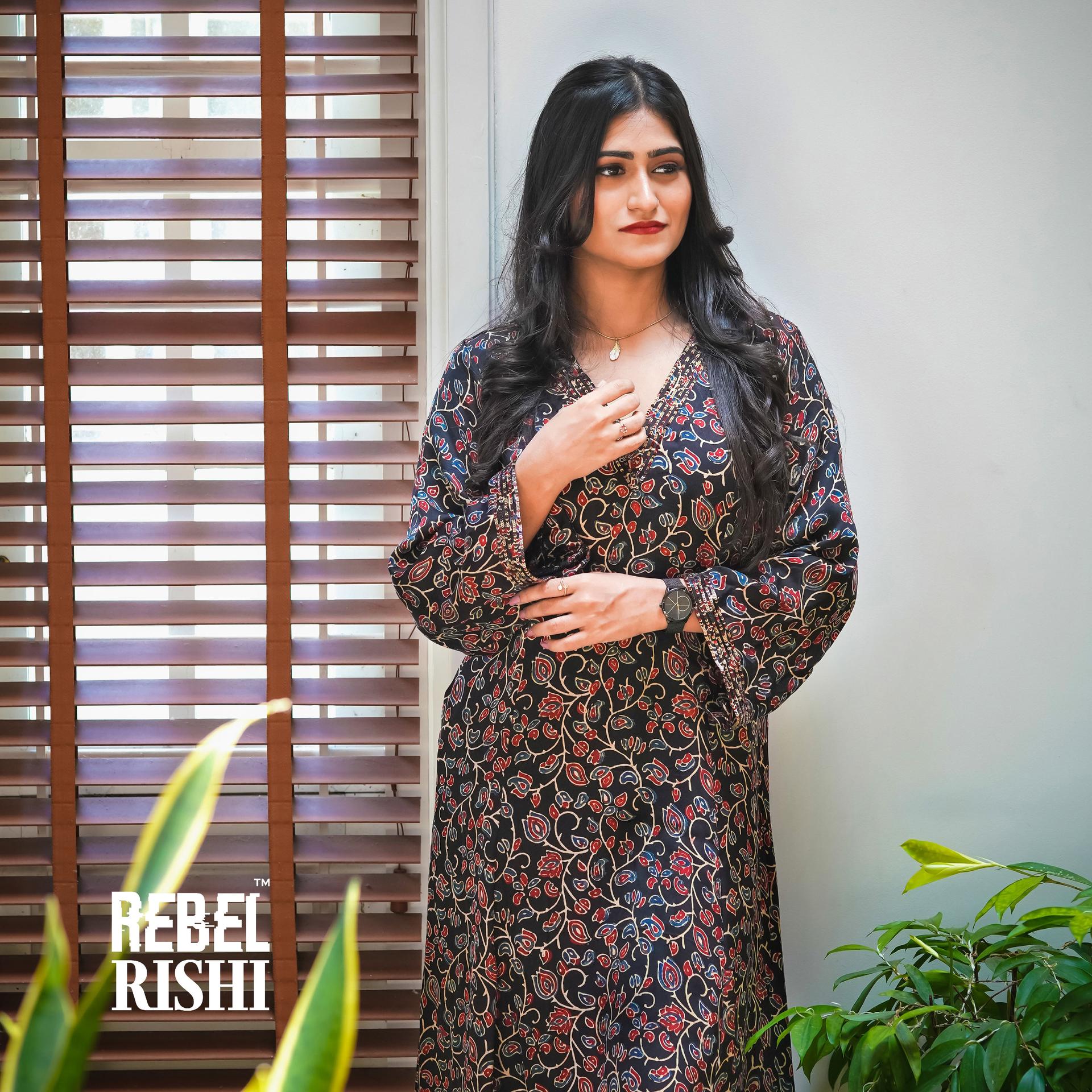 Black Modal Silk Flared Kurta
