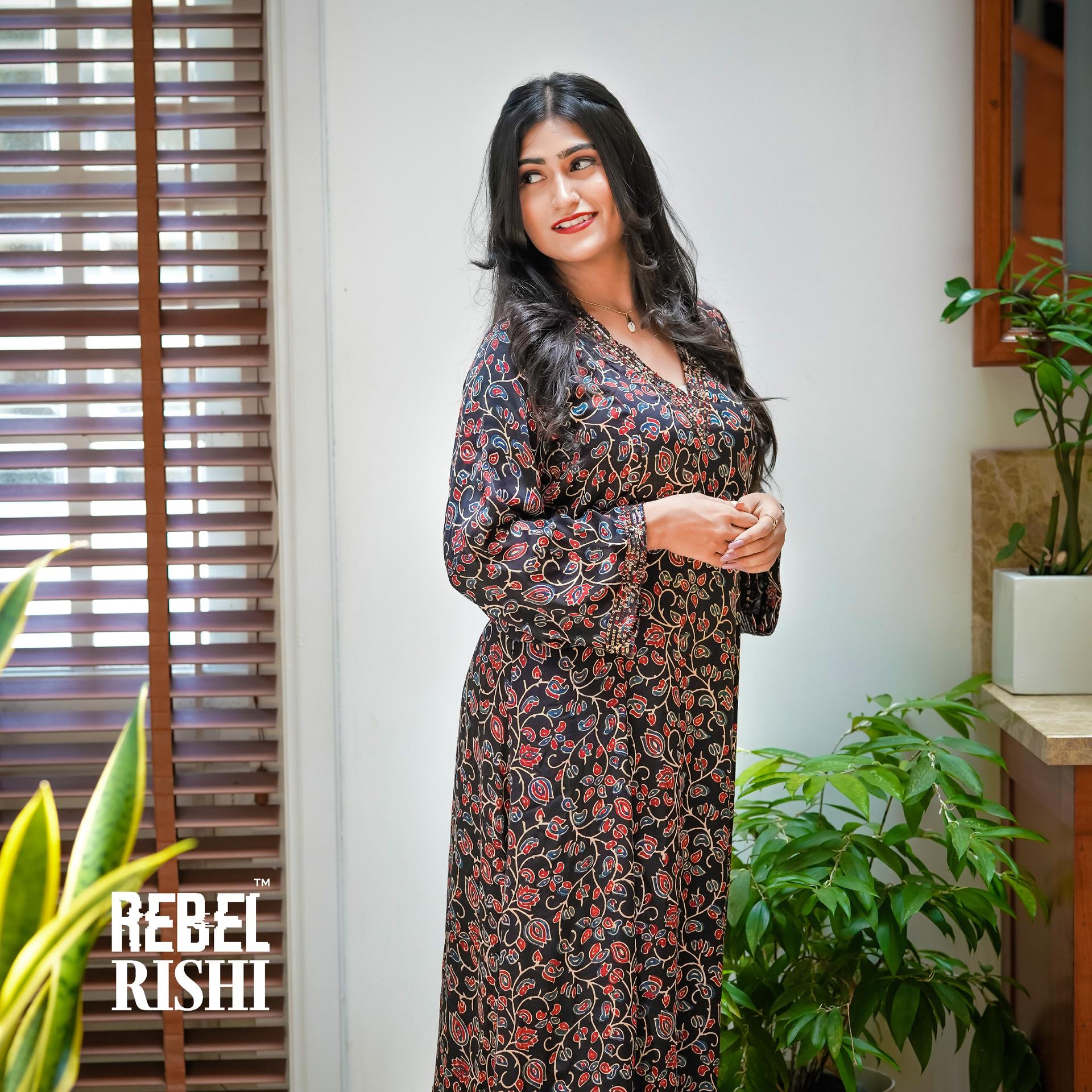 Black Modal Silk Flared Kurta image 2