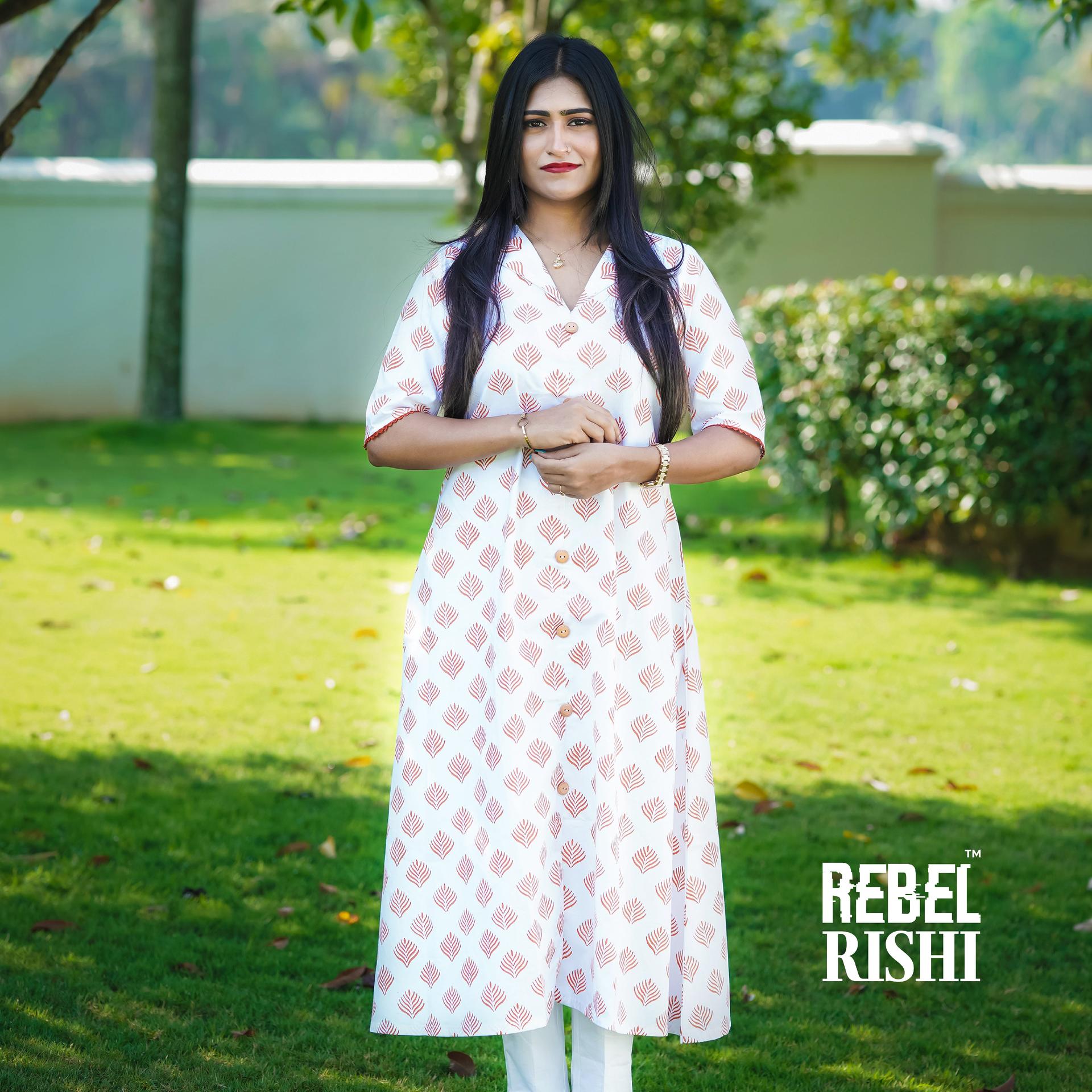 Rust Orange In White Hand Block Printed Kurta.
