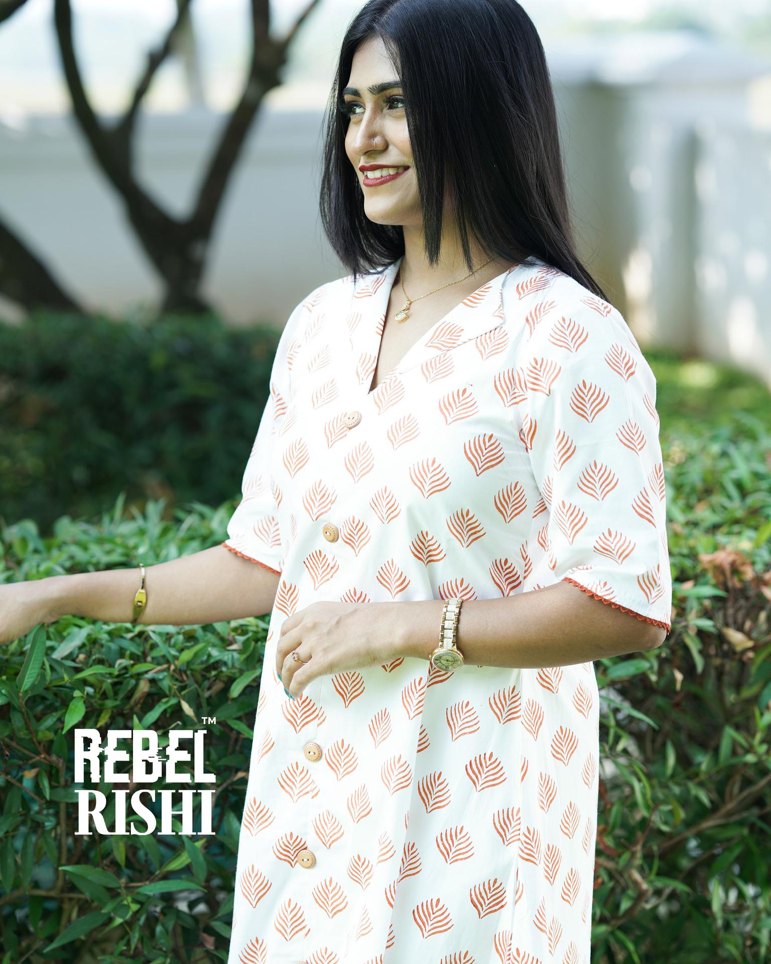 Rust Orange In White Hand Block Printed Kurta. image 2
