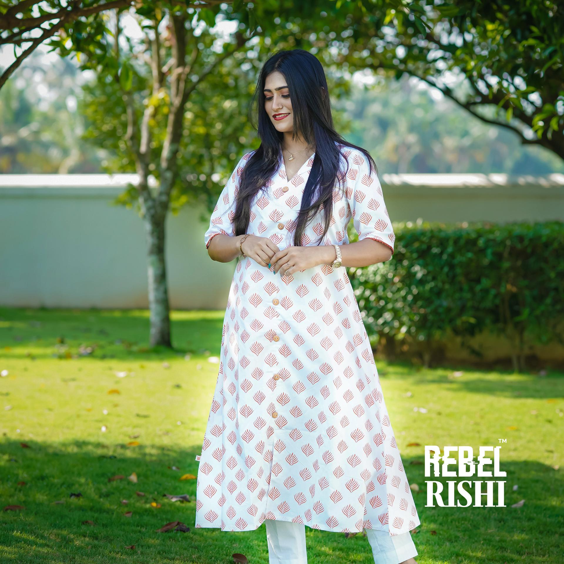 Rust Orange In White Hand Block Printed Kurta. image 3