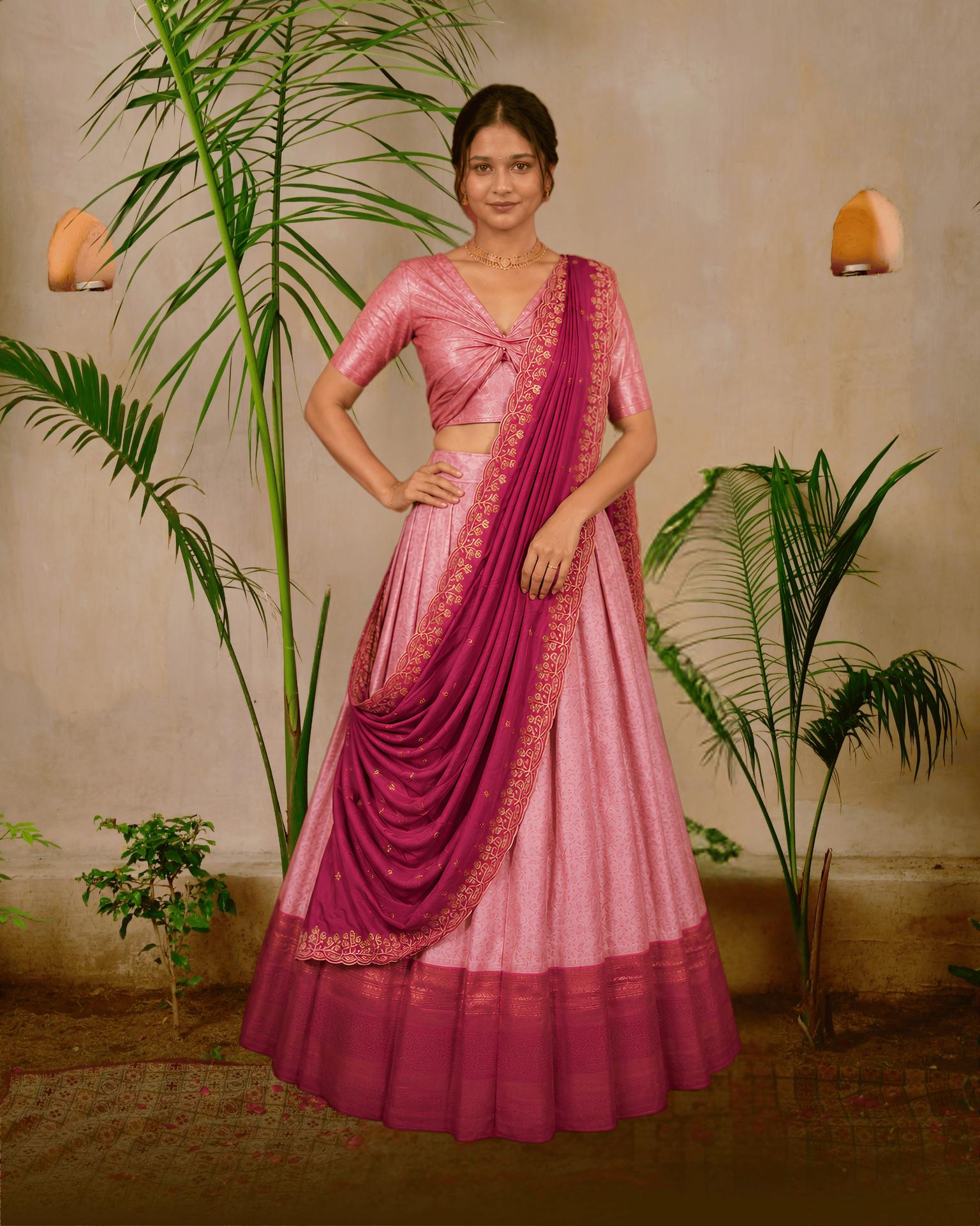 Red & Ivory Kanjivaram Half Saree