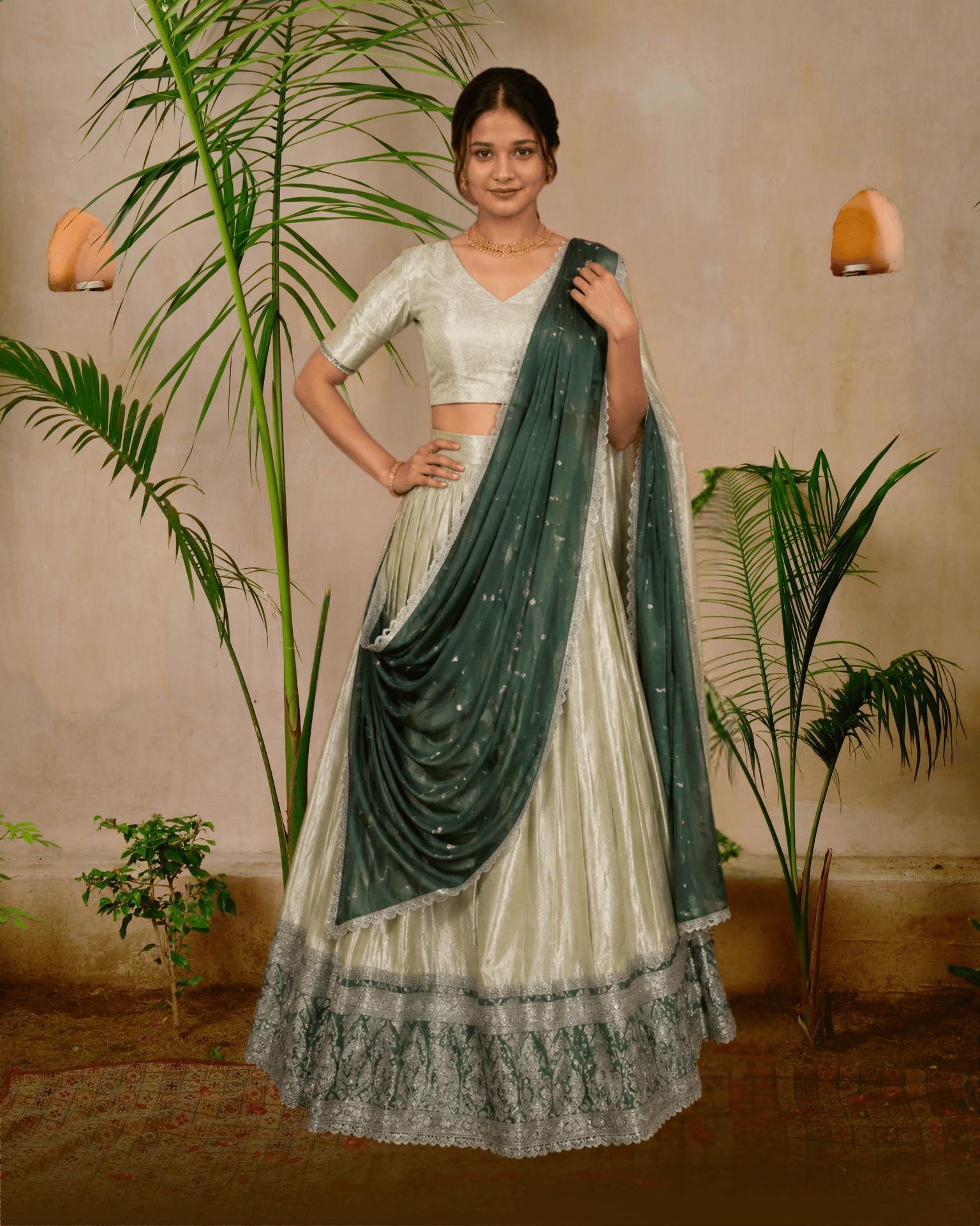 Ivory & Rose Pink Kanjivaram Half Saree