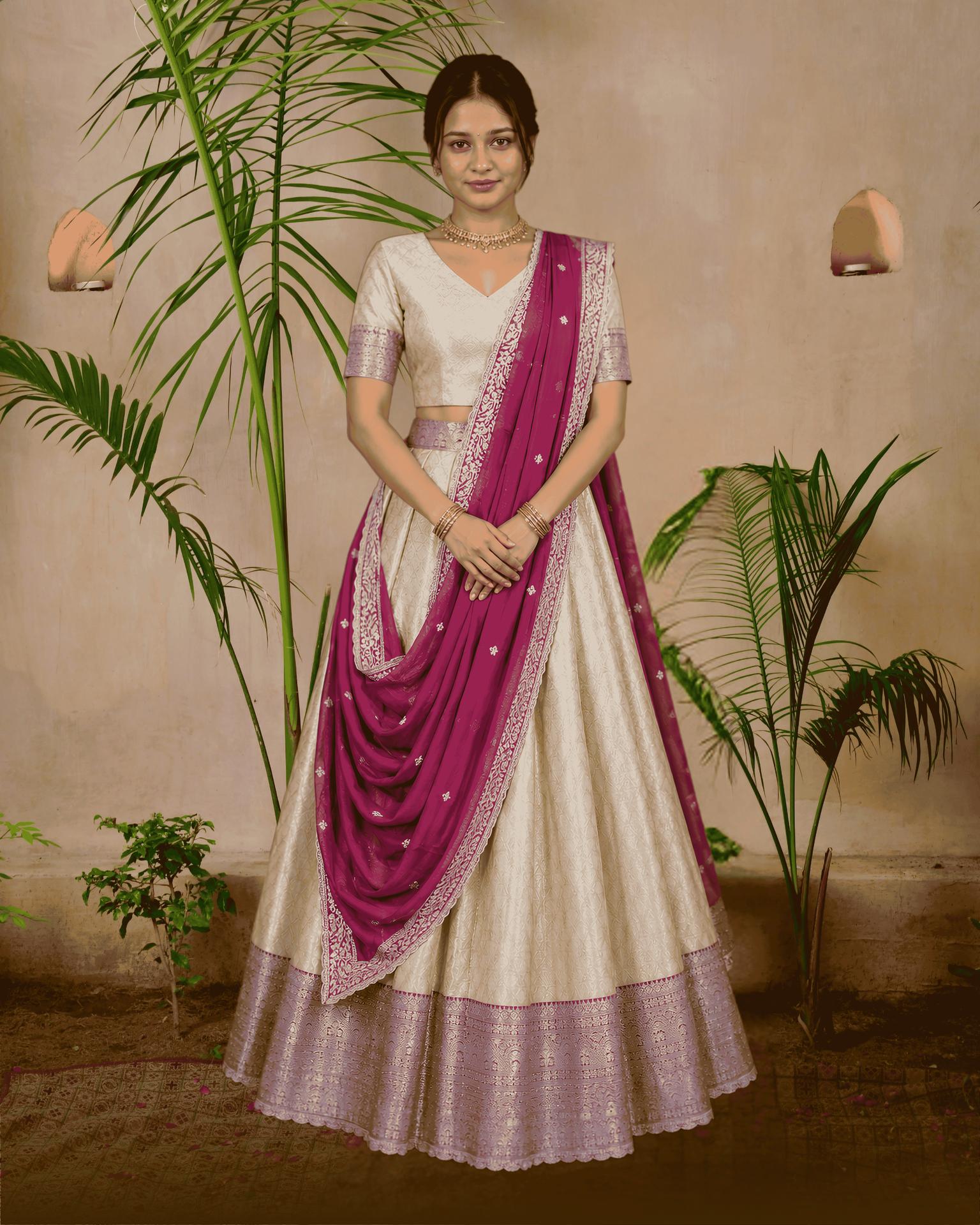 Sage Green & Ivory Kanjivaram Half Saree