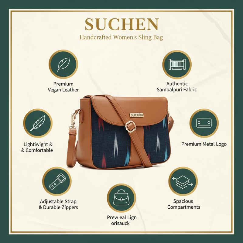 Suchen Women Sling Bag Vegan Leather Crossbody Bag Sambalpuri Tan Adjustable Strap image 2
