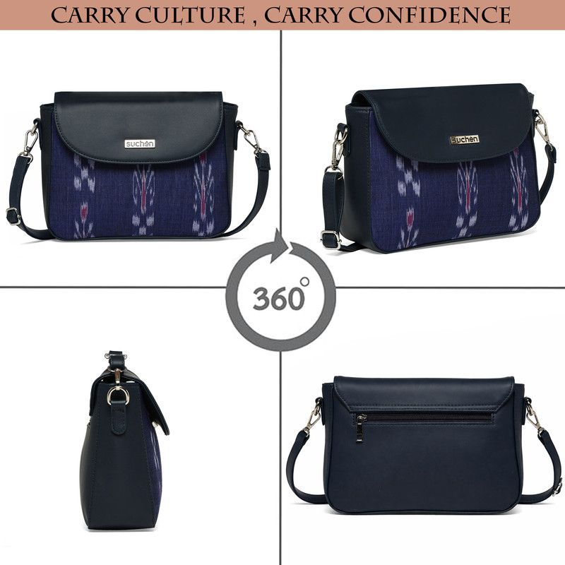 Suchen Women Sling Bag Vegan Leather Crossbody Bag Sambalpuri Navy Blue Pasapali Adjustable Handcrafted image 2