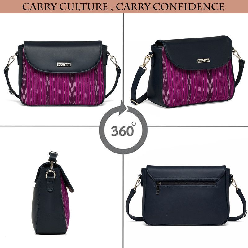 Suchen Women Sling Bag Vegan Leather Crossbody Bag Sambalpuri Dark Magenta Adjustable Strap Handcrafted image 2