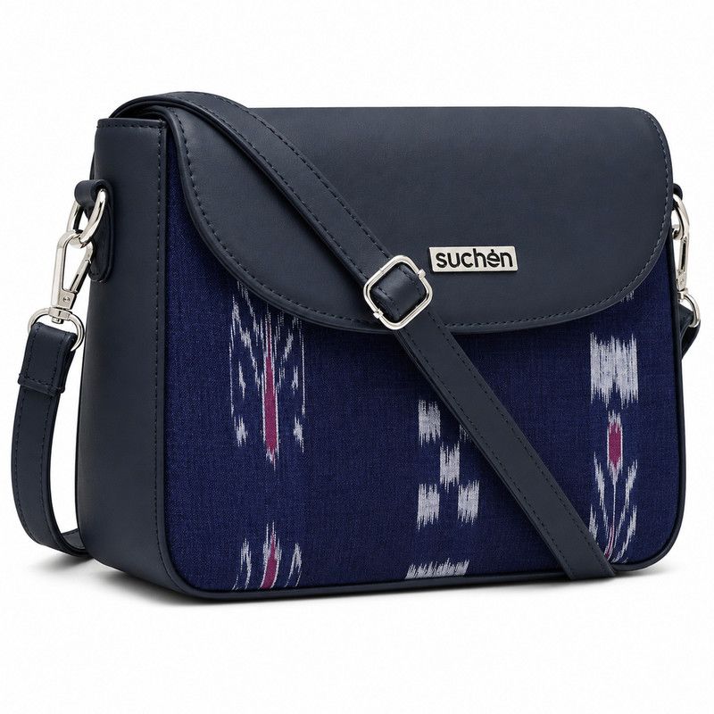 Suchen Women Sling Bag Vegan Leather Crossbody Bag Sambalpuri Navy Blue Pasapali Adjustable Handcrafted image 3