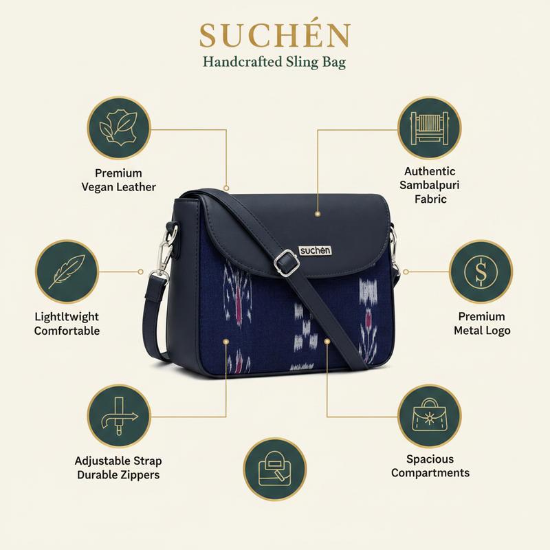 Suchen Women Sling Bag Vegan Leather Crossbody Bag Sambalpuri Navy Blue Pasapali Adjustable Handcrafted image 4