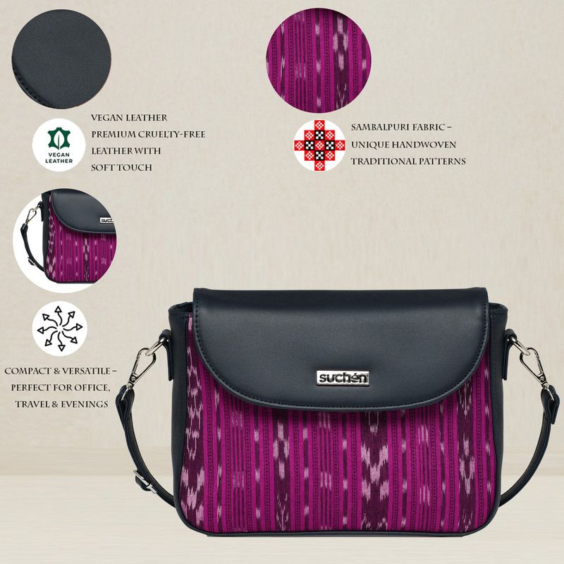 Suchen Women Sling Bag Vegan Leather Crossbody Bag Sambalpuri Dark Magenta Adjustable Strap Handcrafted image 4