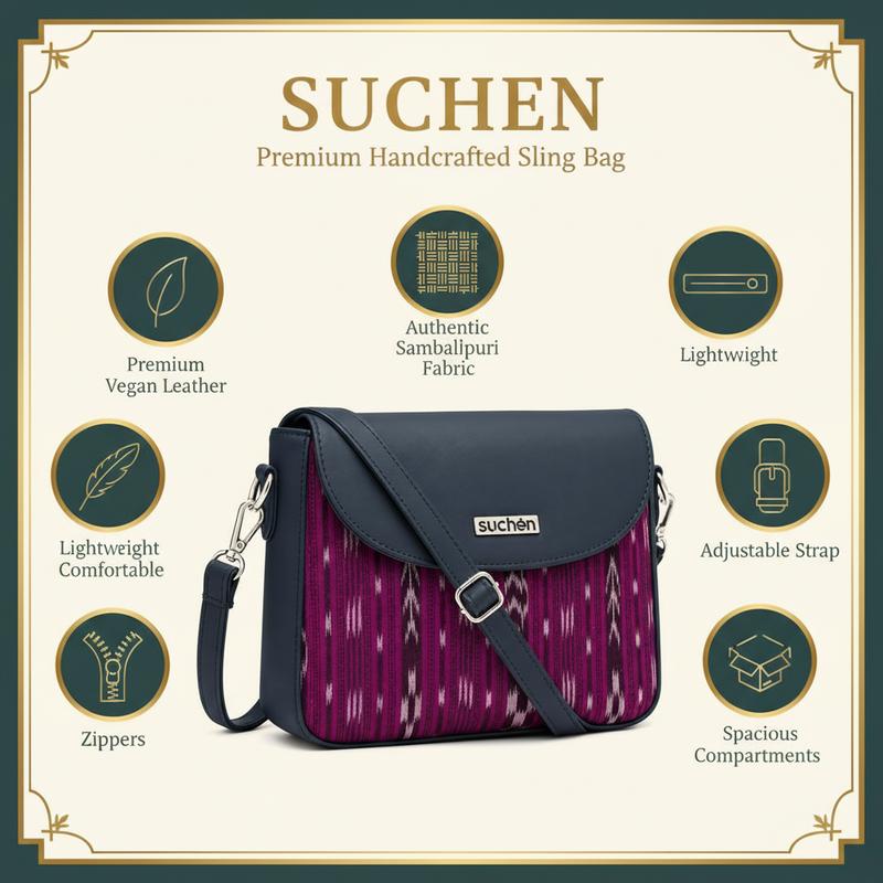 Suchen Women Sling Bag Vegan Leather Crossbody Bag Sambalpuri Dark Magenta Adjustable Strap Handcrafted image 5