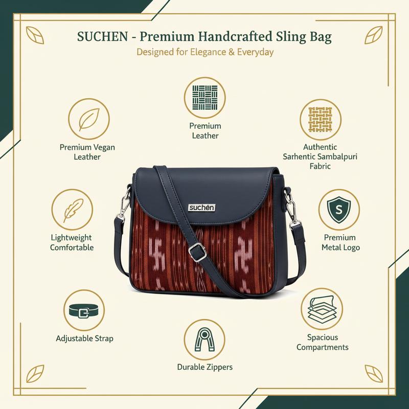 Suchen Women Sling Bag Vegan Leather Crossbody Sambalpuri Navy Maroon image 5