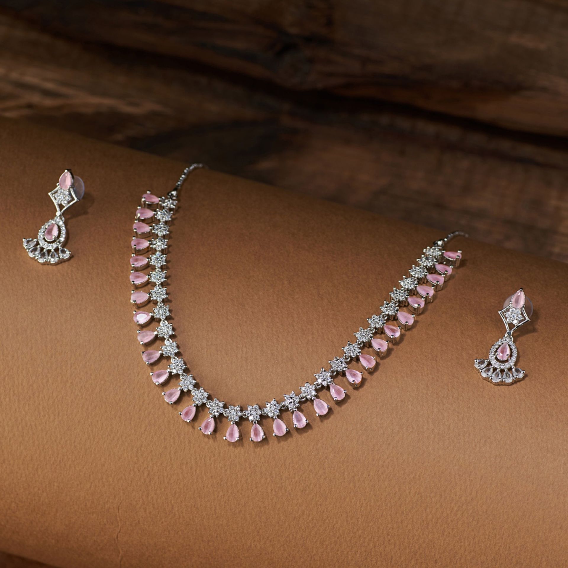 American Diamond Necklace Set| Dewdrop| Sola Pink By Tilloma™ image 2