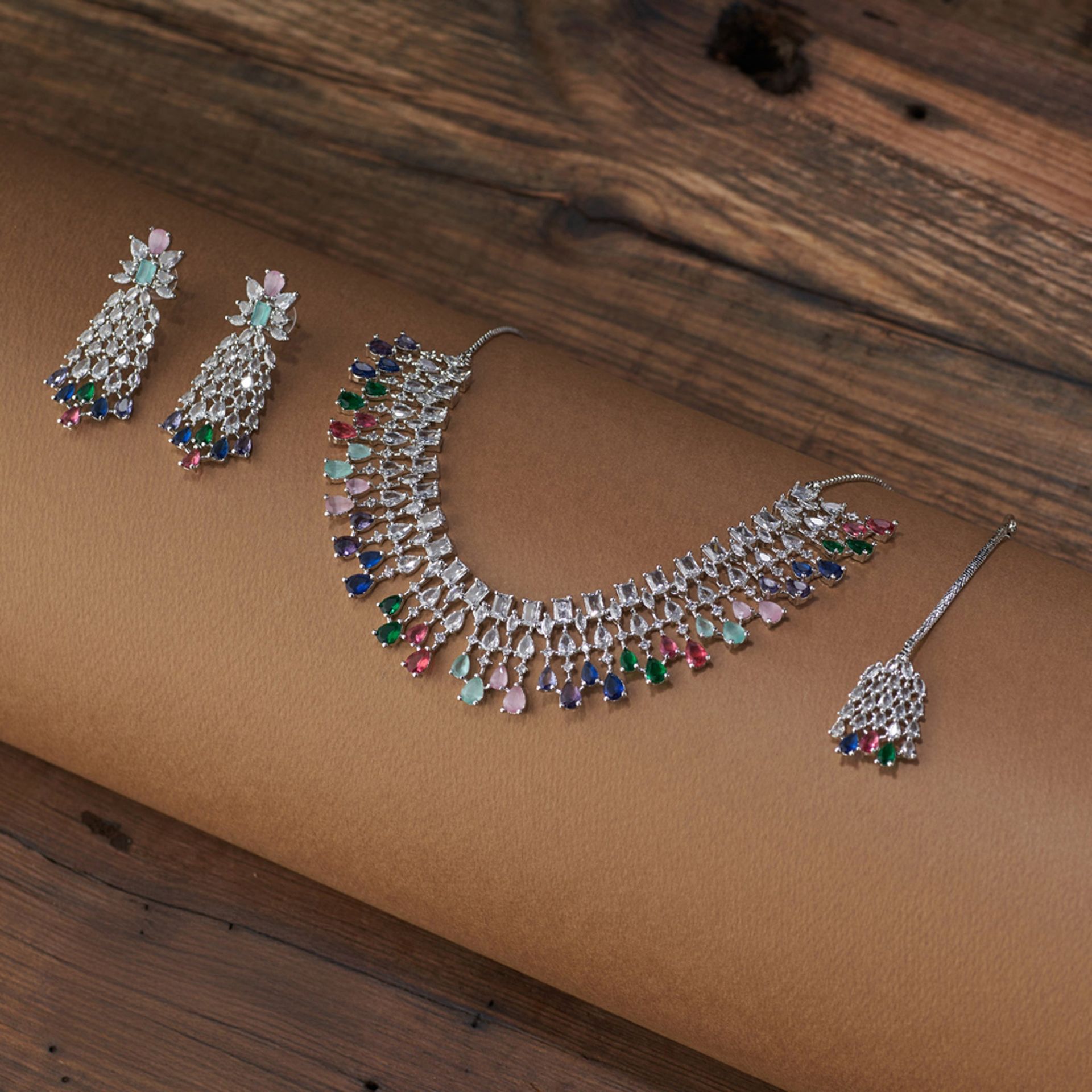 American Diamond Necklace Set | Multi-color Sparkle By Tilloma