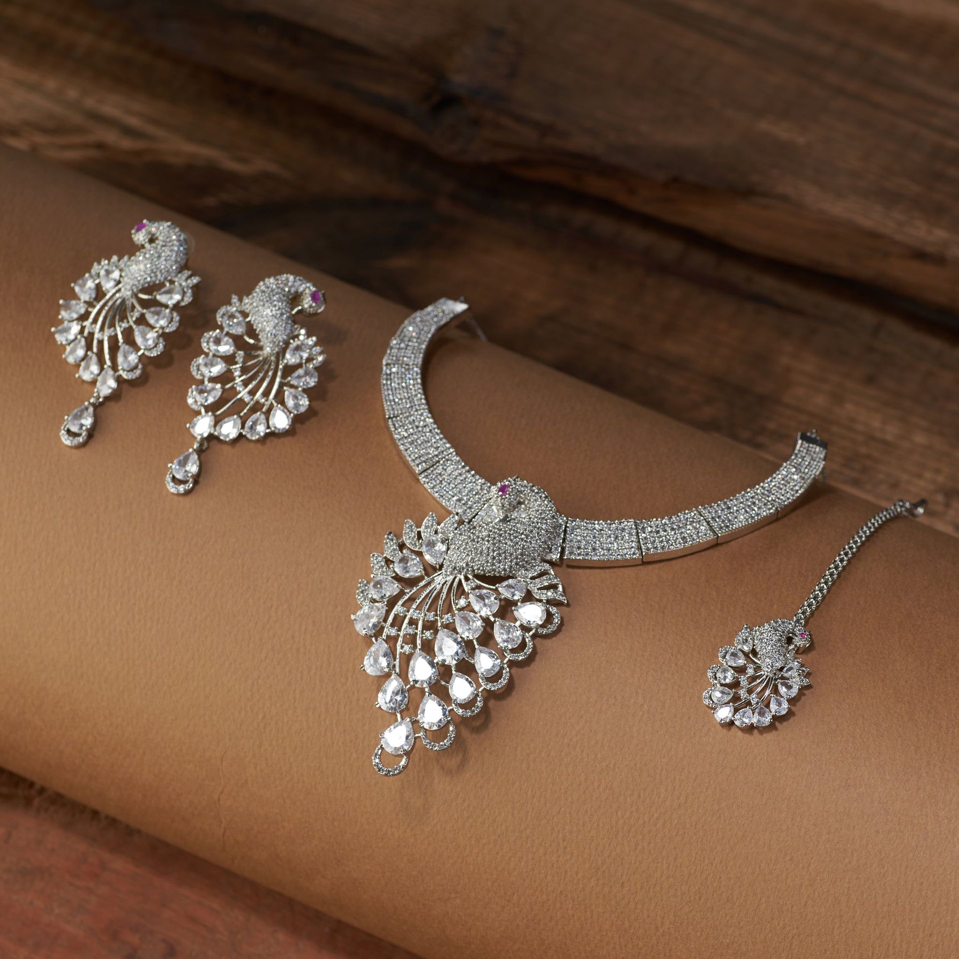 Luxury Peacock Design American Diamond Necklace Set With Earrings & Maang Tikka – Bridal & Party Wear