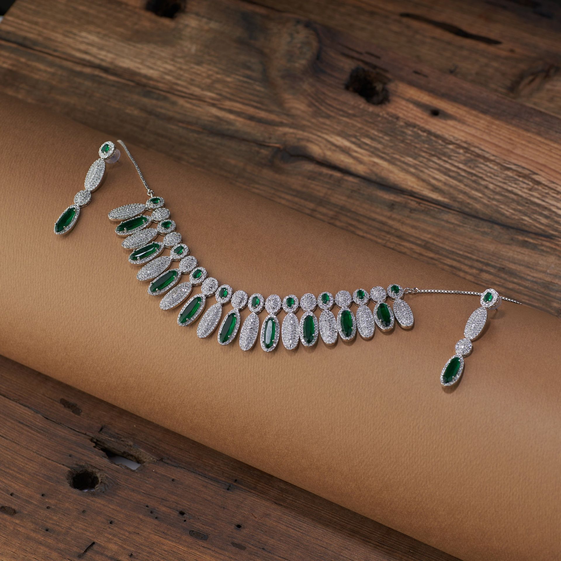 Elegant Emerald & American Diamond Necklace Set With Long Earrings – Party Wear