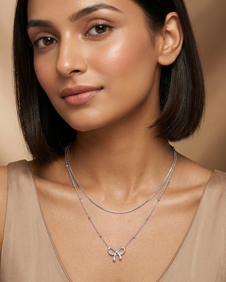 Elegant Silver Bow Double-layer Necklace - Tilloma Minimalist Workwear Accessory