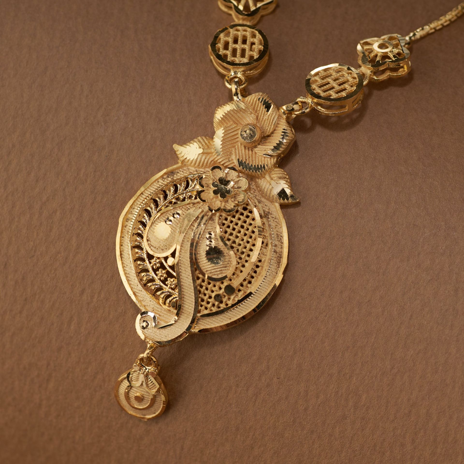 High Gold Long Necklace Set For Women | Modern Gold Replica Filigree Design With Earrings image 2