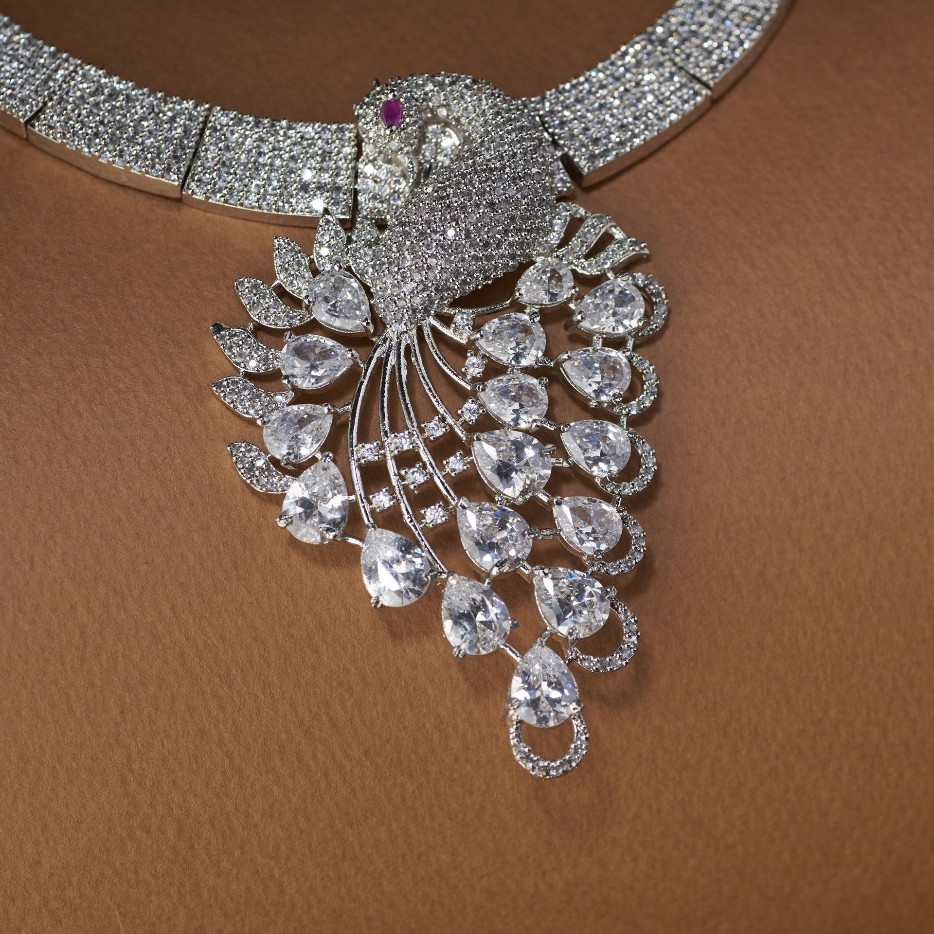 Luxury Peacock Design American Diamond Necklace Set With Earrings & Maang Tikka – Bridal & Party Wear image 2