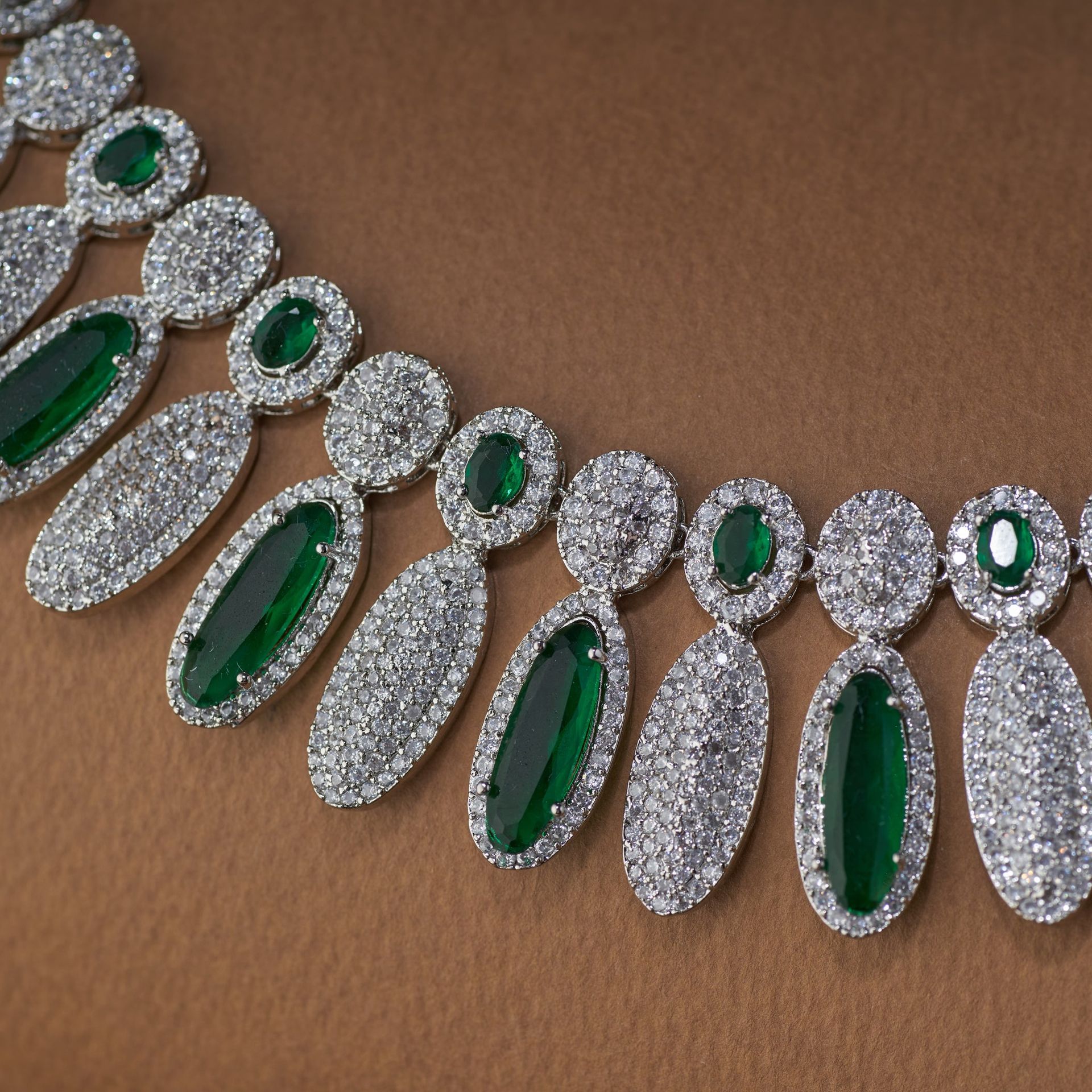 Elegant Emerald & American Diamond Necklace Set With Long Earrings – Party Wear image 2
