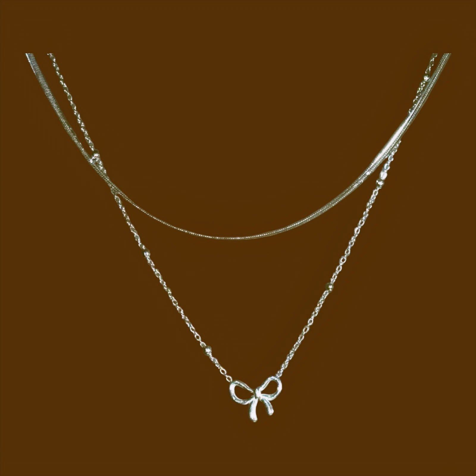 Elegant Silver Bow Double-layer Necklace - Tilloma Minimalist Workwear Accessory image 2