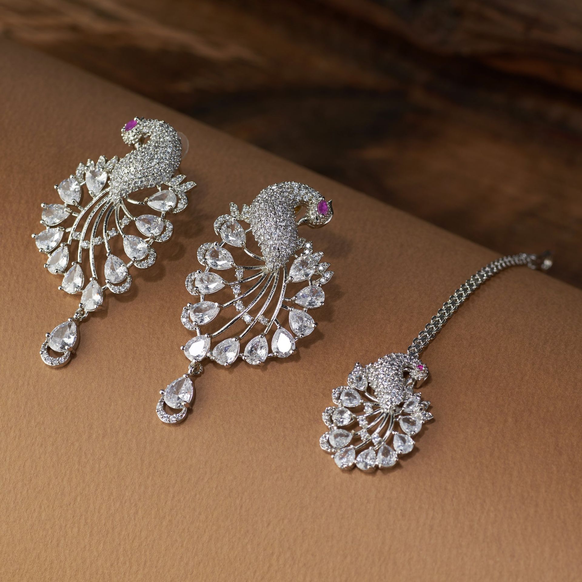 Luxury Peacock Design American Diamond Necklace Set With Earrings & Maang Tikka – Bridal & Party Wear image 3