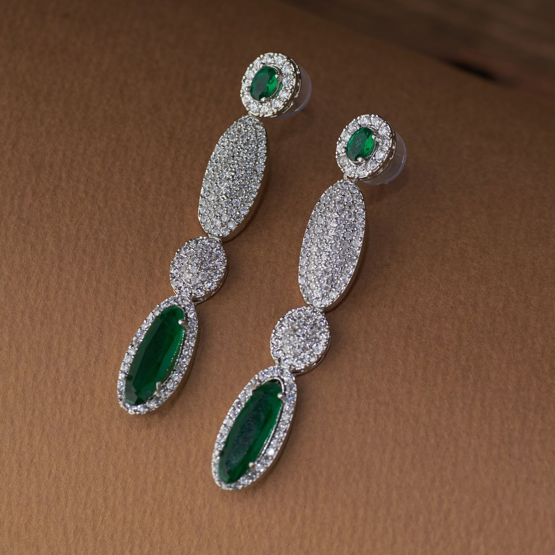 Elegant Emerald & American Diamond Necklace Set With Long Earrings – Party Wear image 3