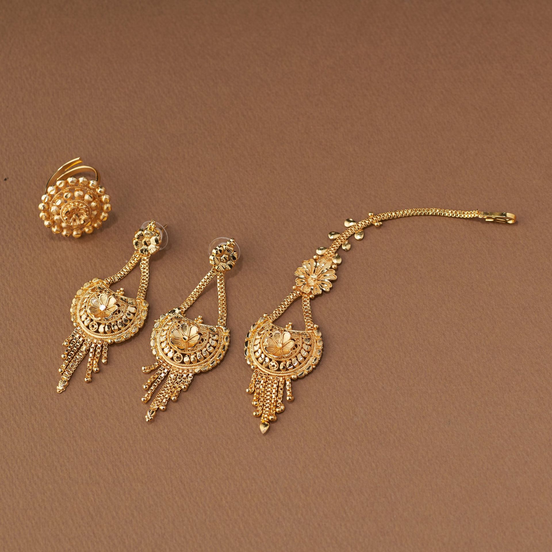 Traditional Gold Forming Bridal Jewellery Set With Necklace, Chand Bali Style Earrings & Maang Tikka image 6