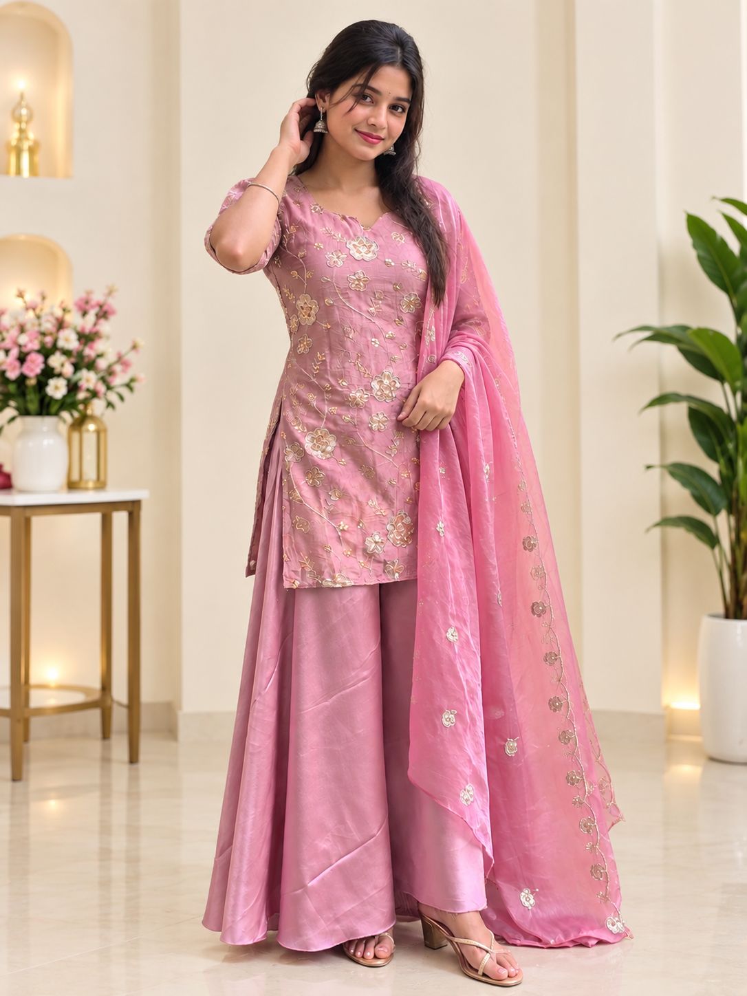 Women’s Pink Embroidered Kurta Palazzo Set With Dupatta | Elegant Ethnic 3-PIECE Suit Set image 2