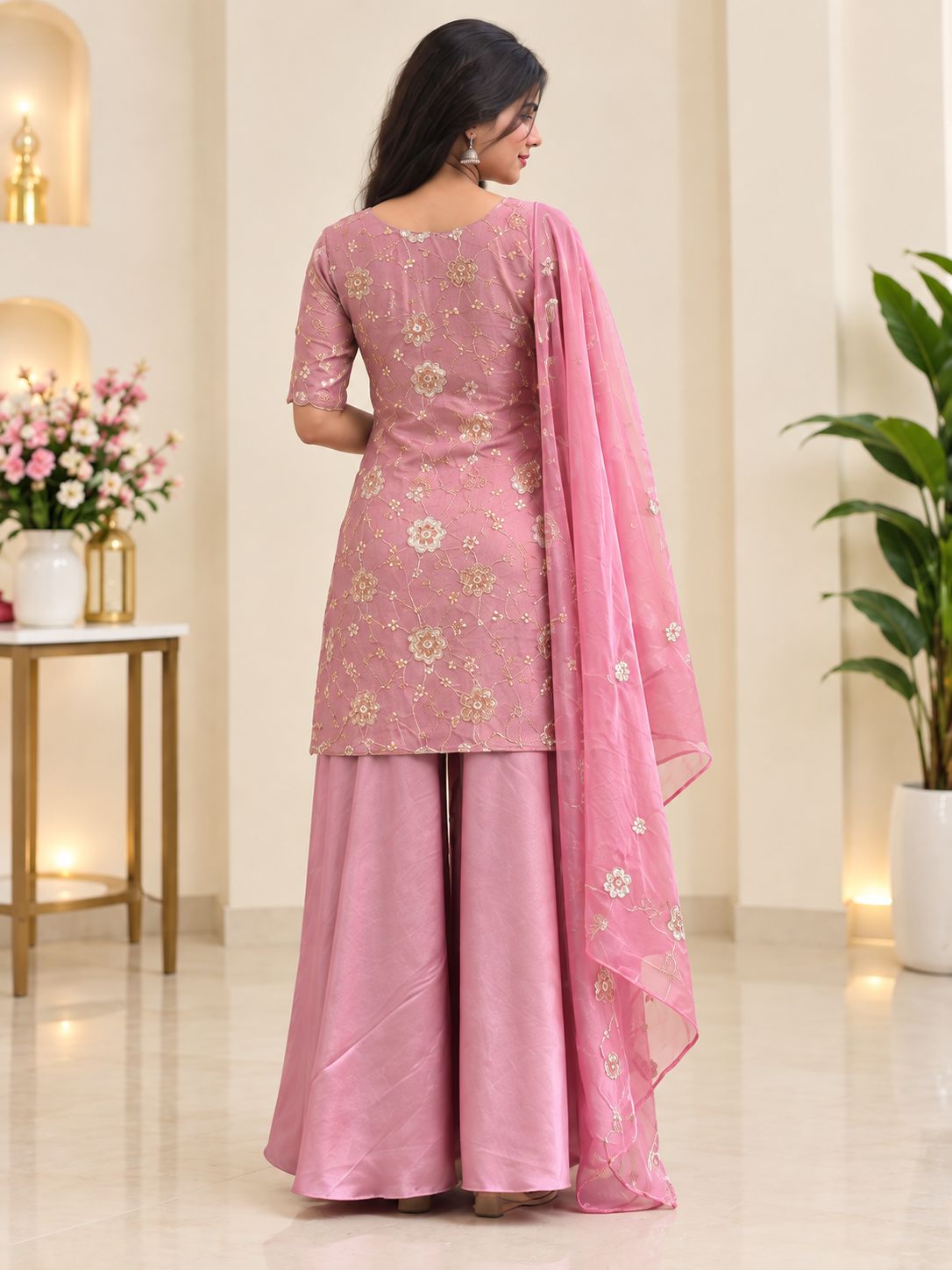 Women’s Pink Embroidered Kurta Palazzo Set With Dupatta | Elegant Ethnic 3-PIECE Suit Set image 3