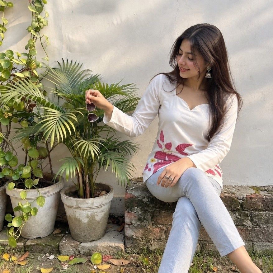 Women’s White Floral Printed Full Sleeve Casual Tunic Top For Stylish Everyday Wear image 3