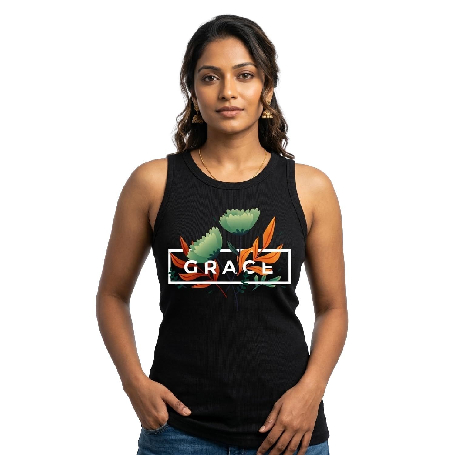 Trendzykart Grace Floral Printed Women's Tank Top - Black