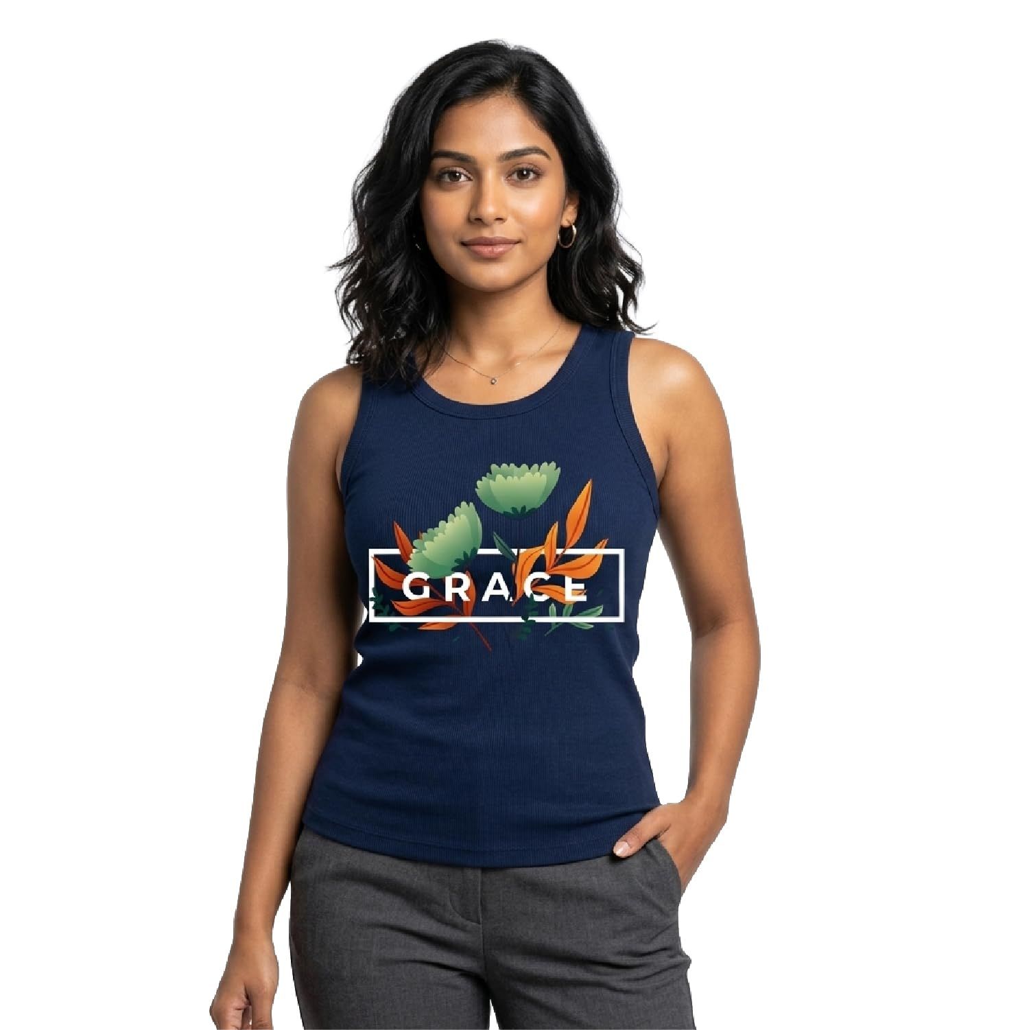 Trendzykart Grace Floral Printed Women's Tank Top - Navy Blue image 3