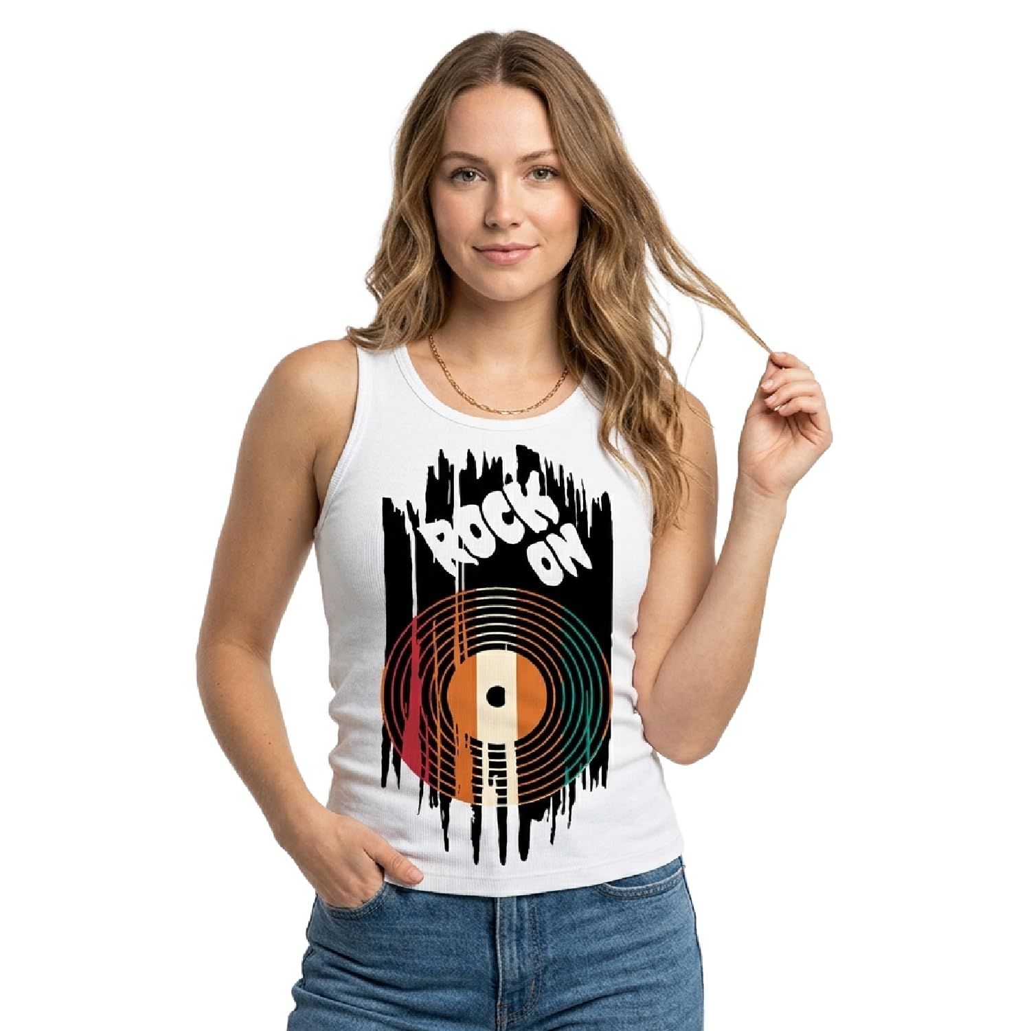 Trendzykart Rock On Vinyl Print Women's Tank Top - White
