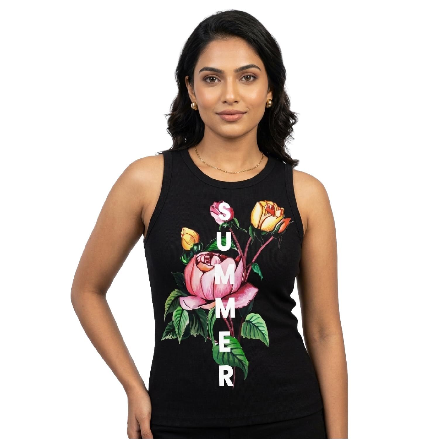 Trendzykart Summer Floral Print Women's Tank Top - Black image 2