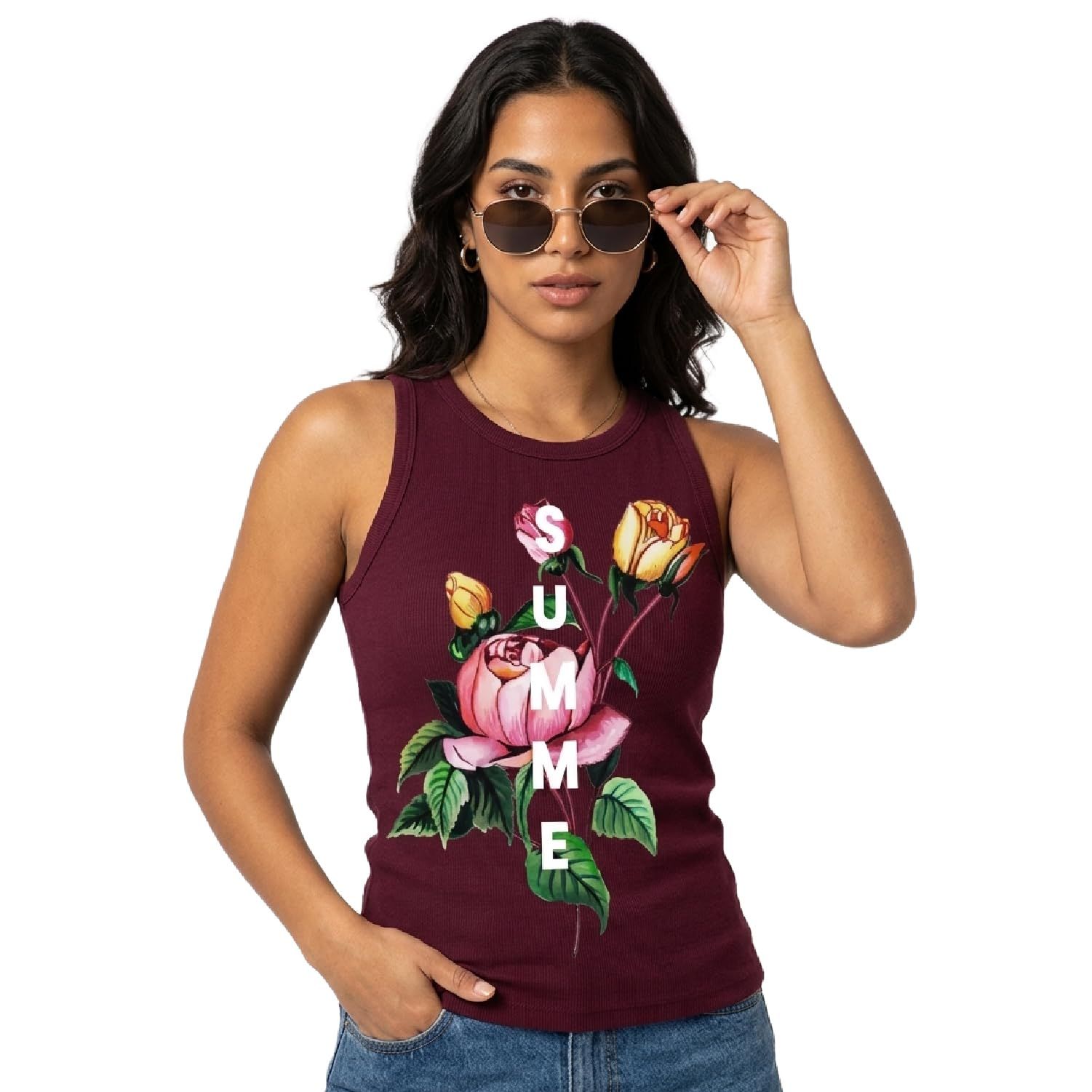 Trendzykart Summer Floral Print Women's Tank Top - Maroon image 2