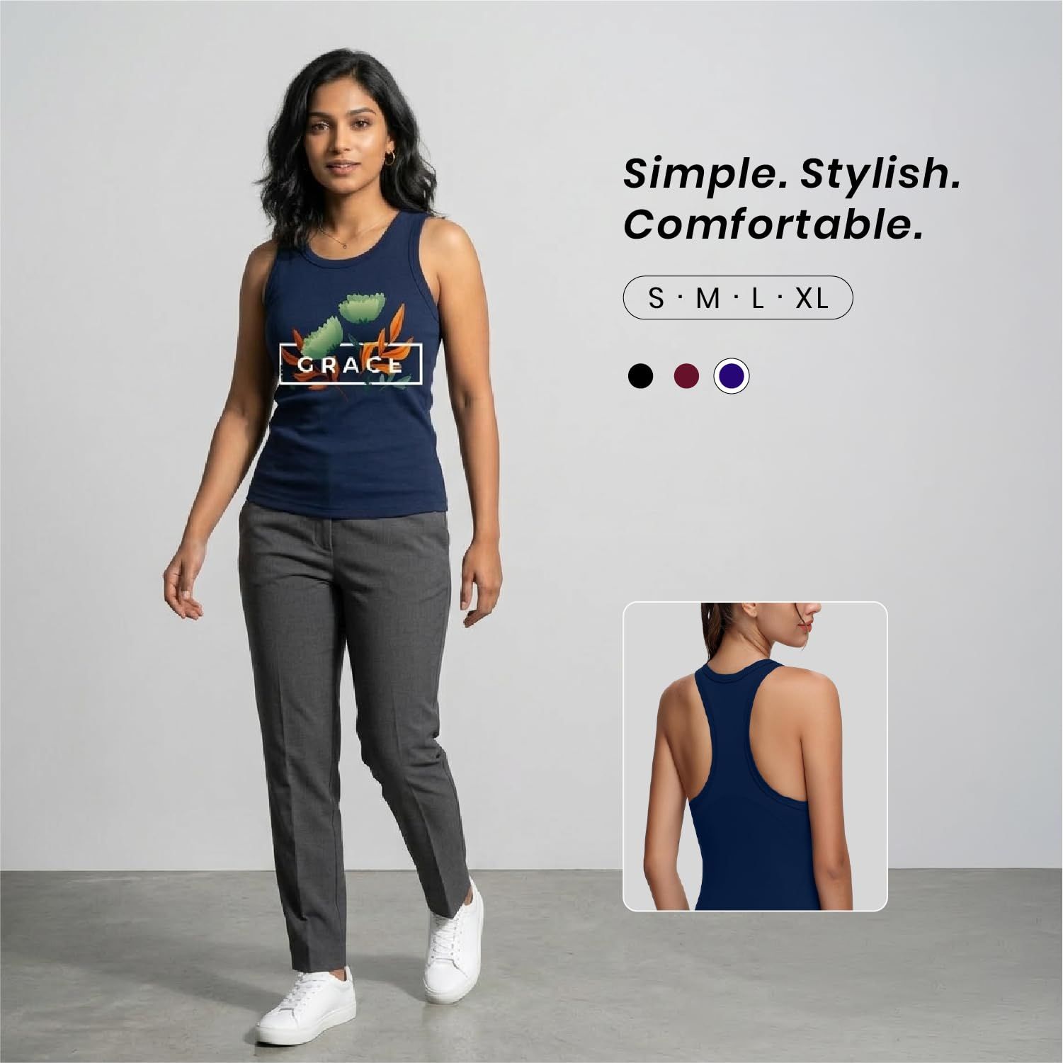 Trendzykart Grace Floral Printed Women's Tank Top - Navy Blue image 5