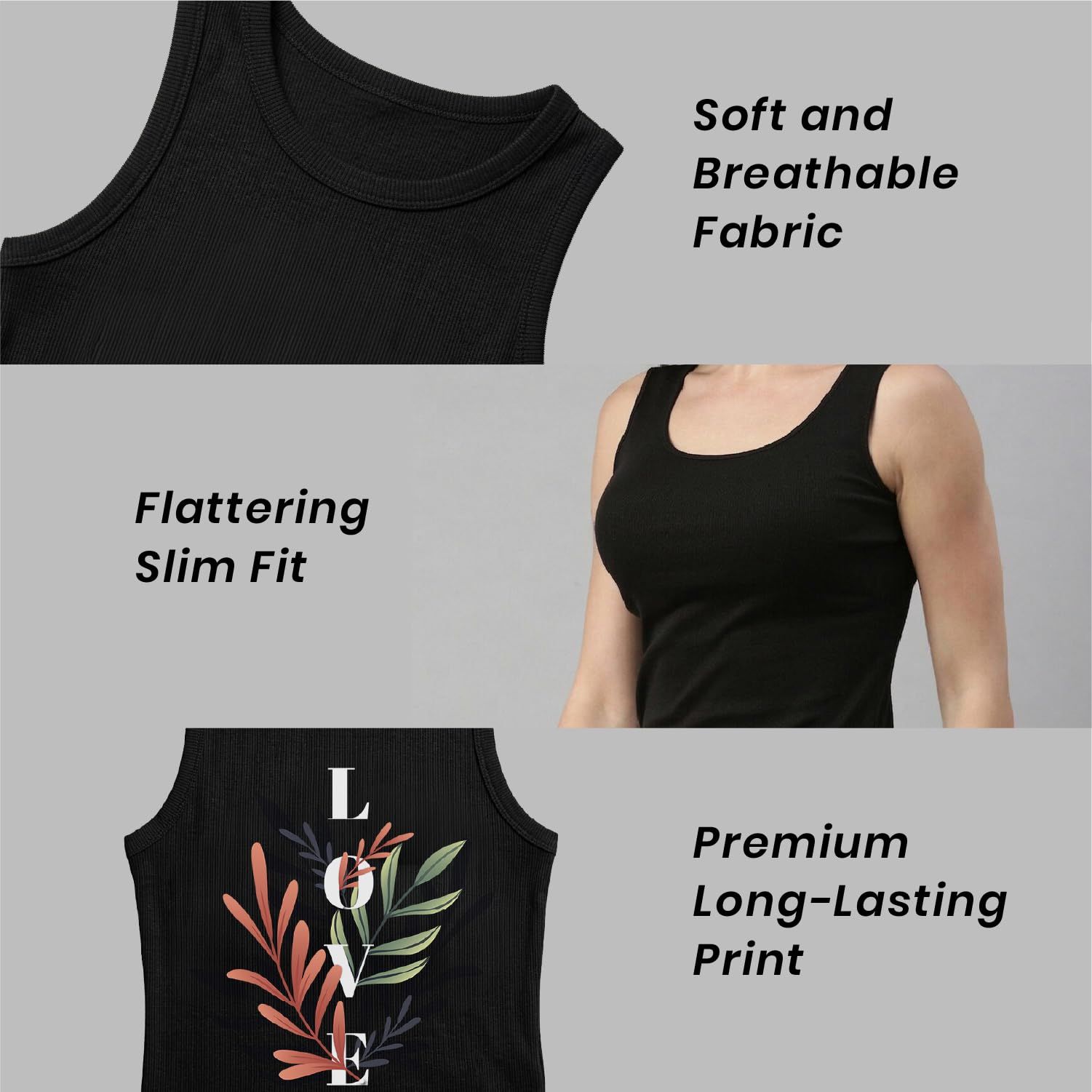Trendzykart Love Floral Printed Women's Tank Top - Black image 12