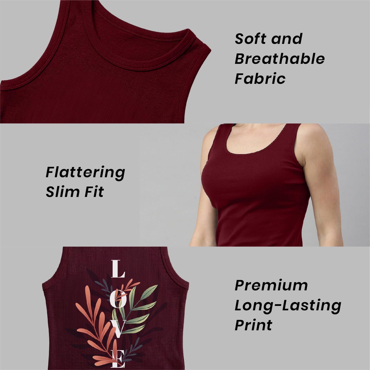 Trendzykart Love Floral Printed Women's Tank Top - Maroon image 8