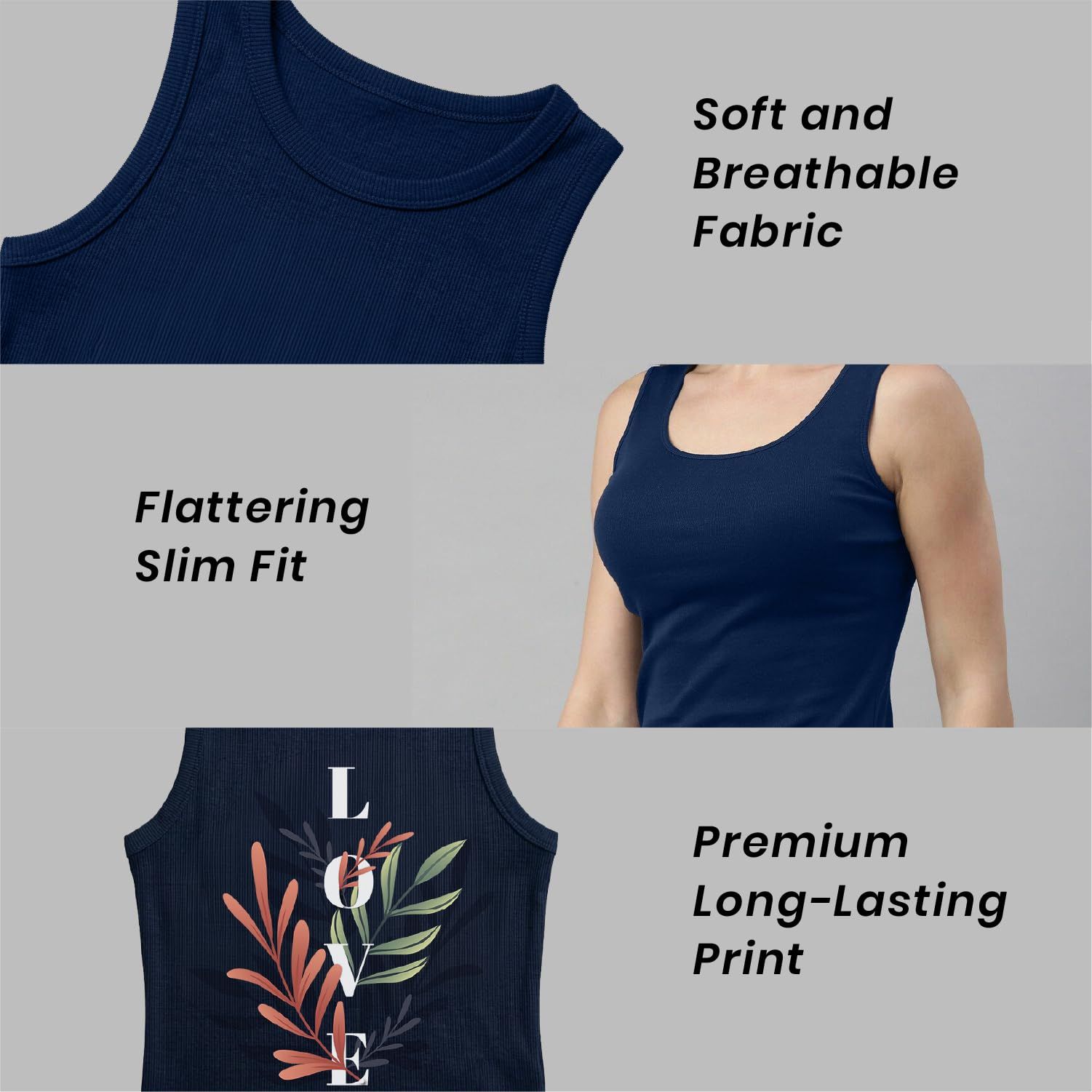 Trendzykart Love Floral Printed Women's Tank Top - Navy Blue image 10