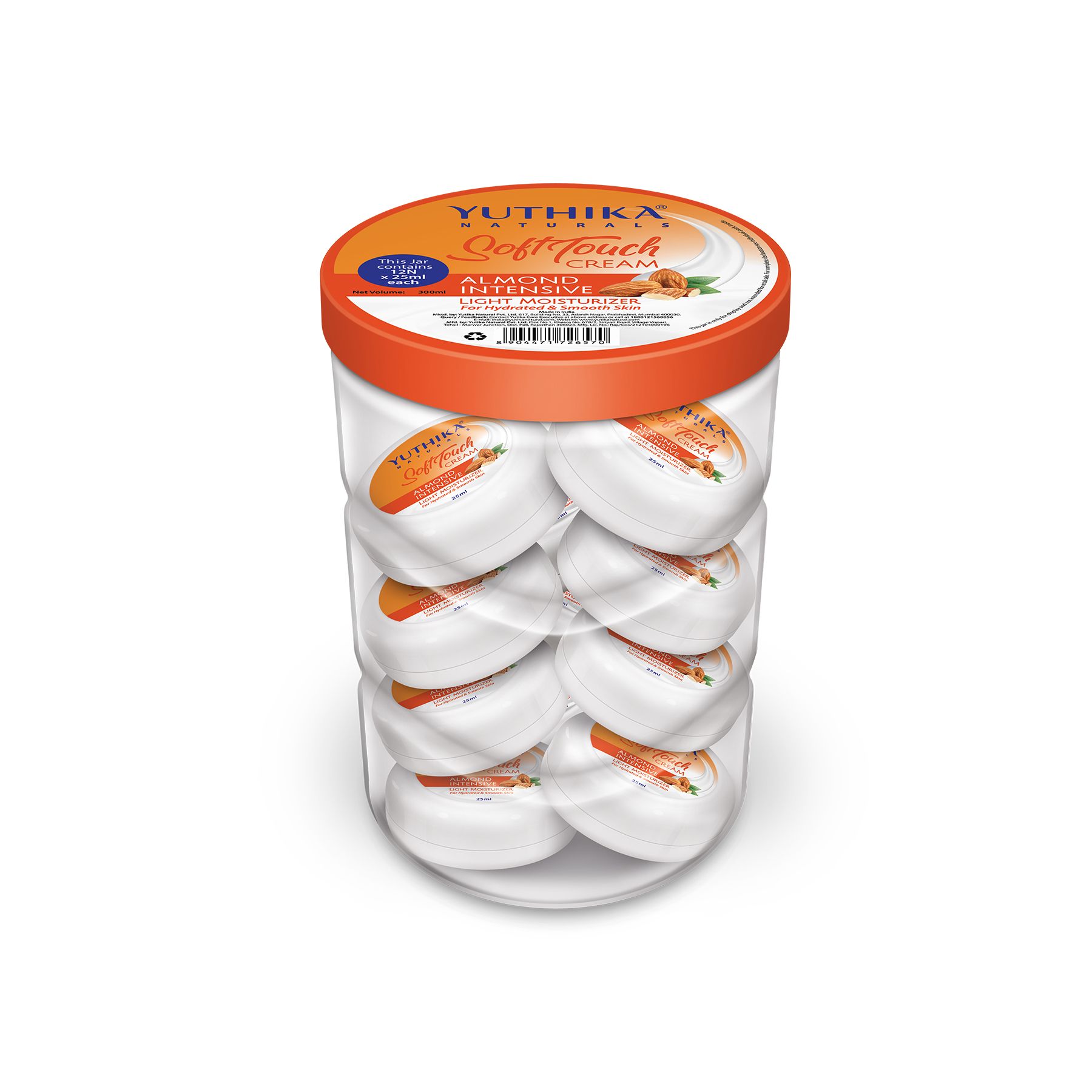Yuthika Almondintensive Light Moisturizer Cream 12 Pcs Jar (25ML Each) | Non Sticky, Non Greasy, Instant Hydration, Deep Nourishment | For Face, Hand & Body | All Skin Types
