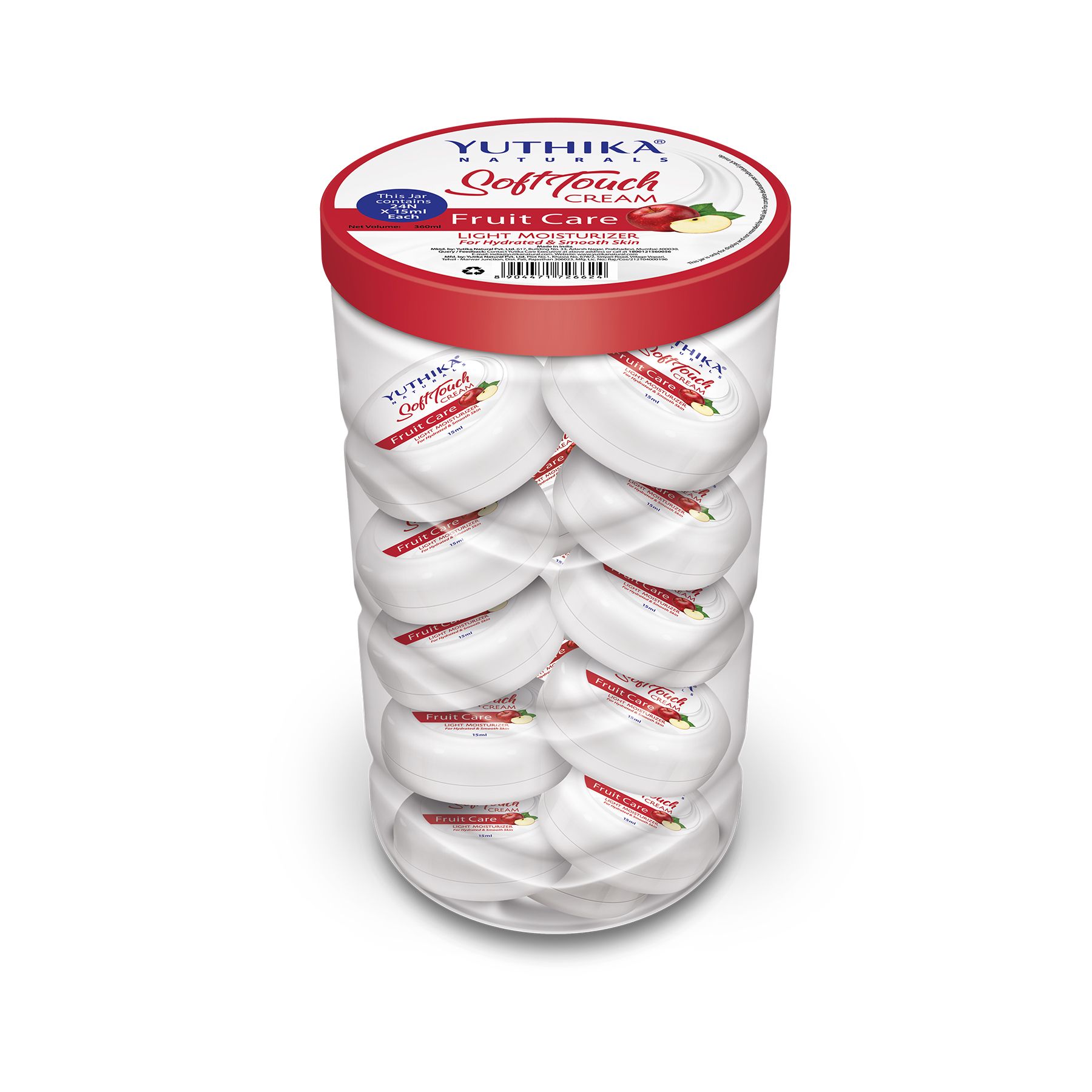Yuthika Fruit Care Light Moisturizer Cream 24 Pcs Jar (15ML Each) | Non Sticky, Instant Hydration, Deep Nourishment | For Face, Hand & Body | All Skin Types