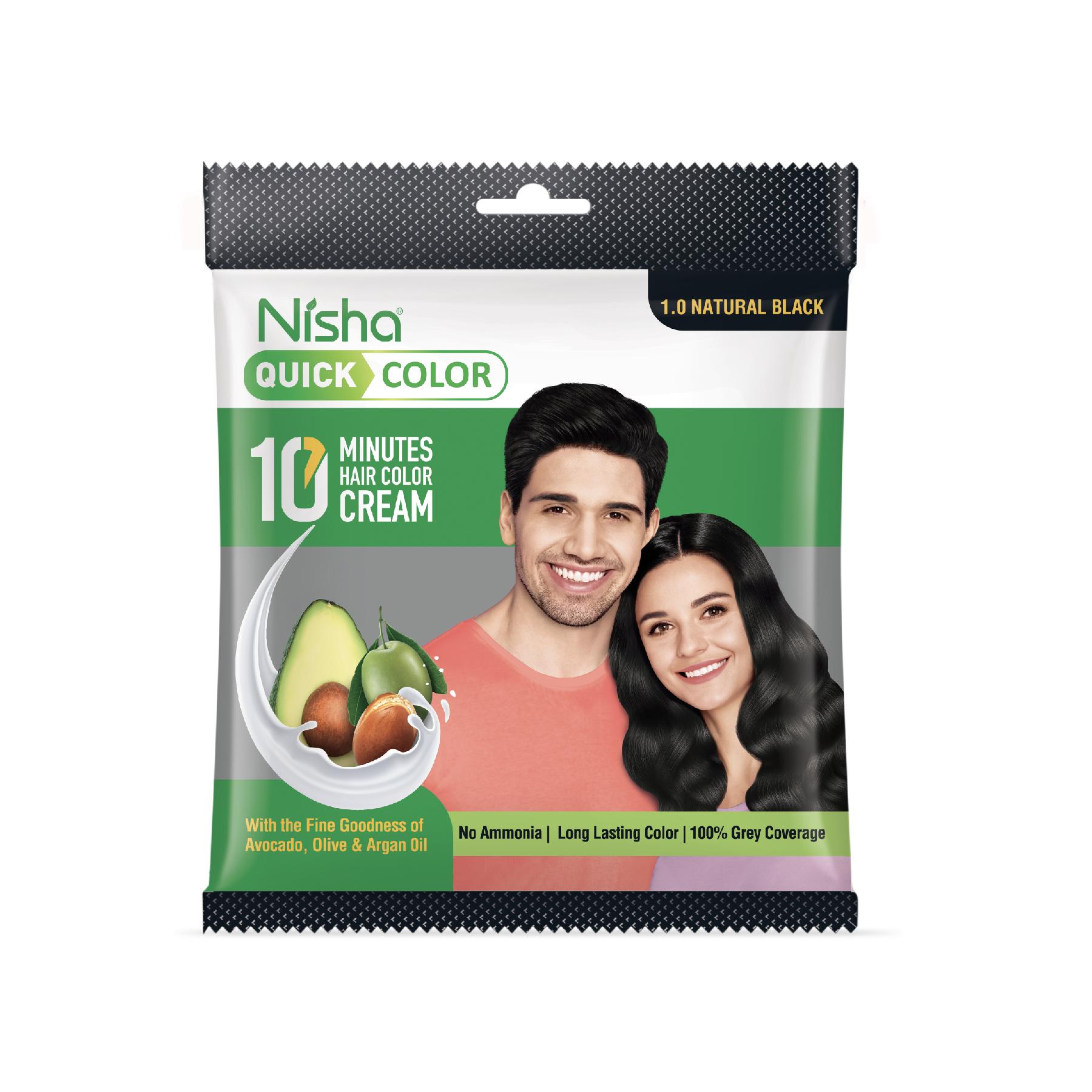 Nisha Hair Colour For Women & Men - 1.0 Natural Black Permanent Hair Colour Quick Color 10-MINUTE 30G Pouch Ammonia-free